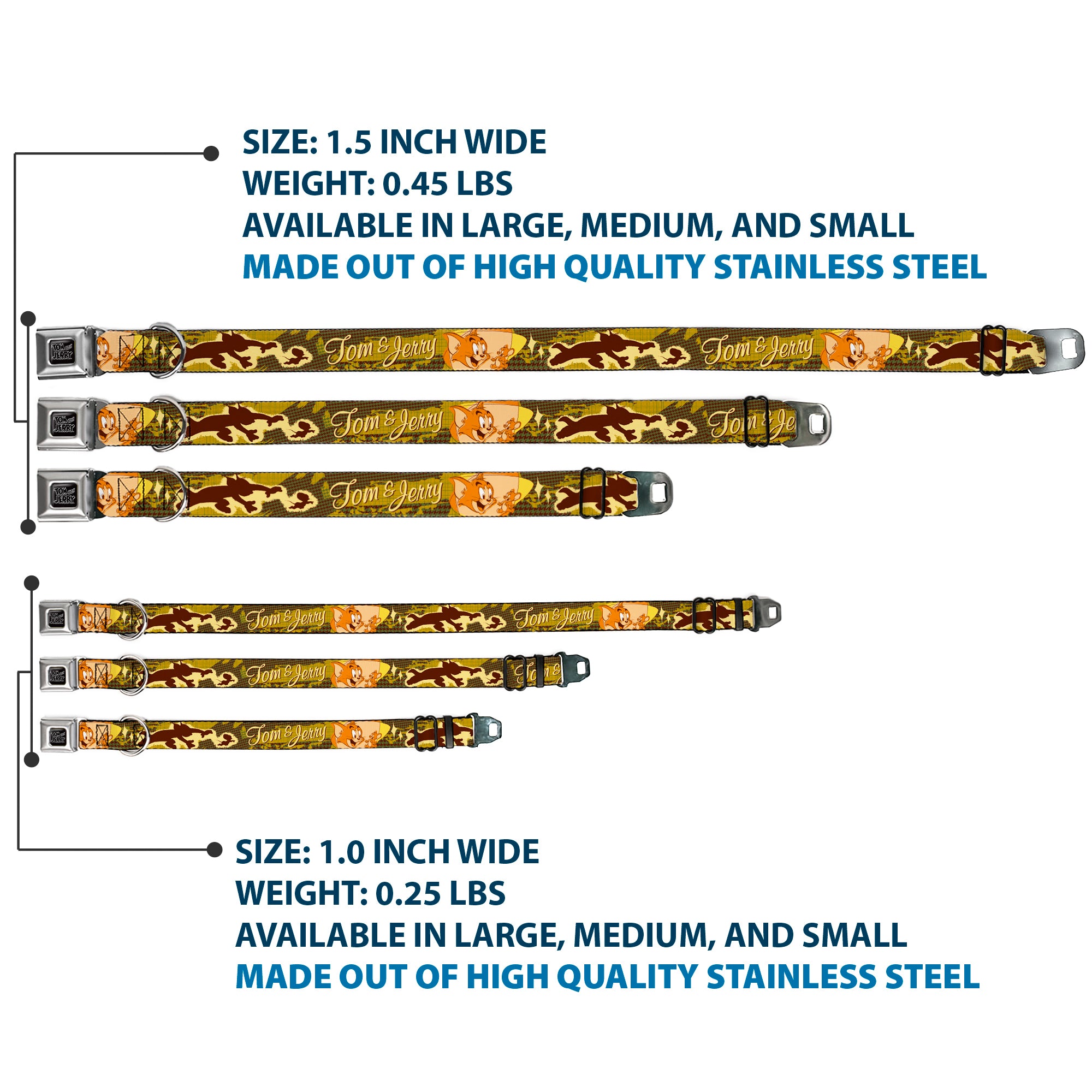 Tom and Jerry Logo Full Color Black Red Seatbelt Buckle Collar - TOM & JERRY Tom Chasing Jerry Houndstooth Browns Seatbelt Buckle Collars Tom and Jerry