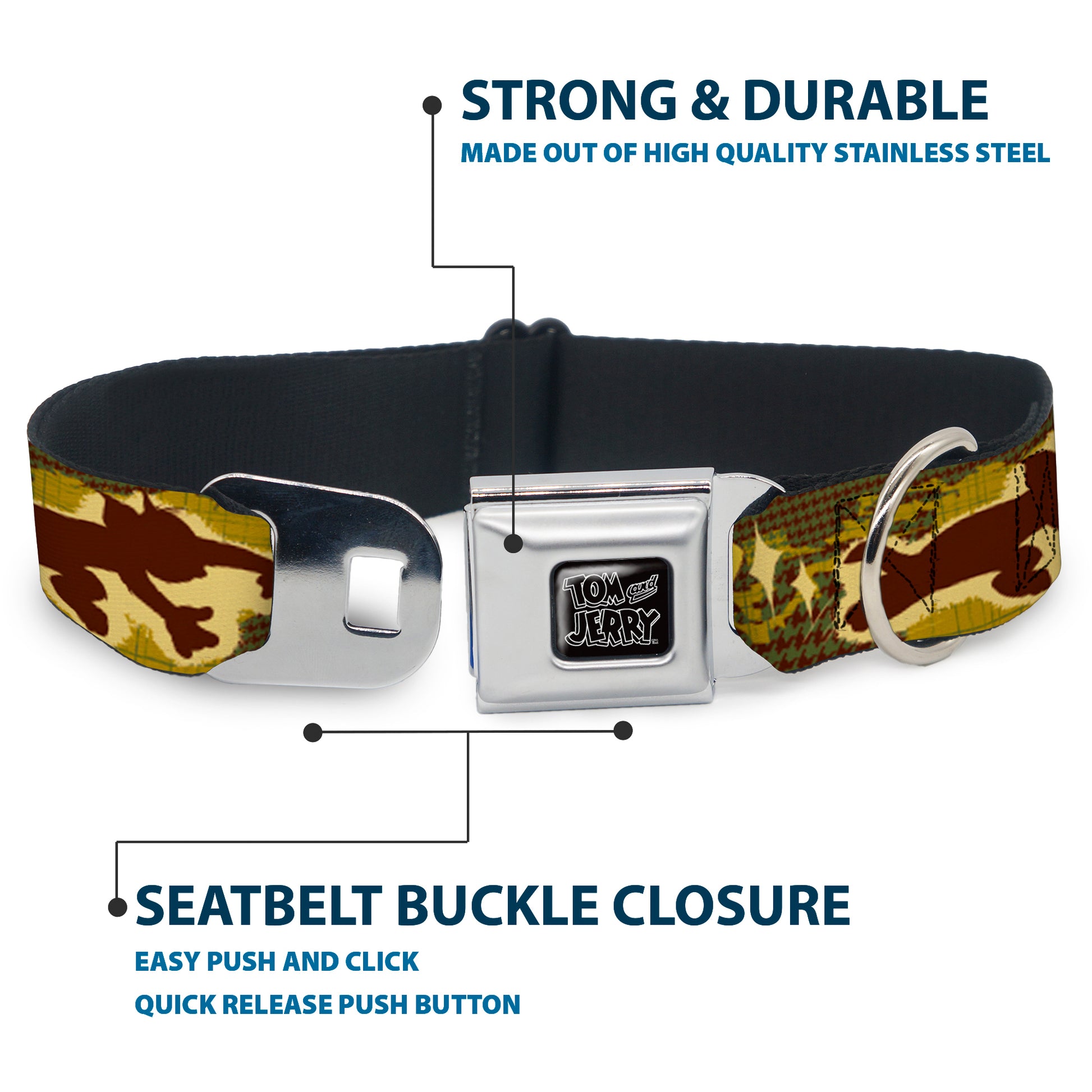 Tom and Jerry Logo Full Color Black Red Seatbelt Buckle Collar - TOM & JERRY Tom Chasing Jerry Houndstooth Browns Seatbelt Buckle Collars Tom and Jerry