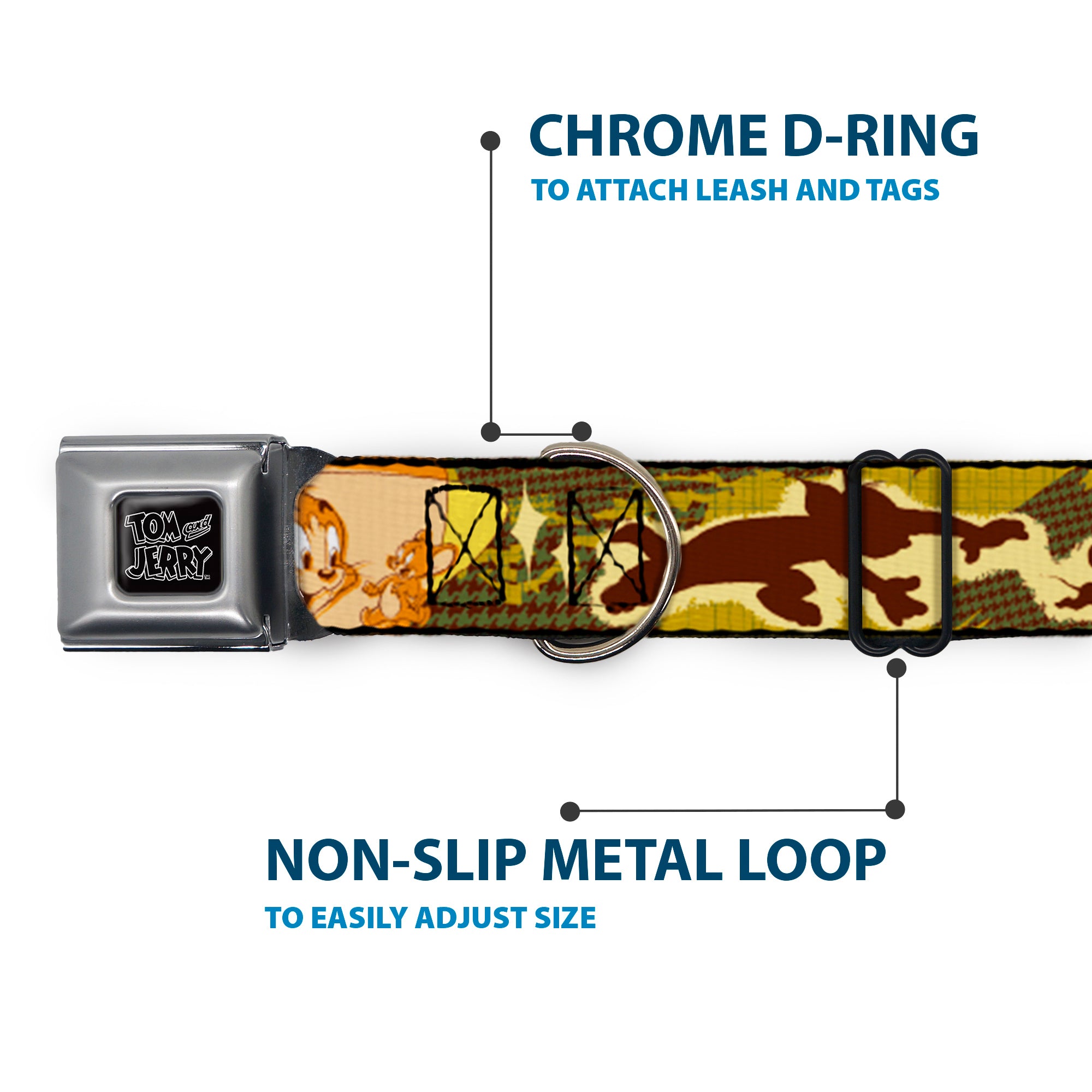 Tom and Jerry Logo Full Color Black Red Seatbelt Buckle Collar - TOM & JERRY Tom Chasing Jerry Houndstooth Browns Seatbelt Buckle Collars Tom and Jerry