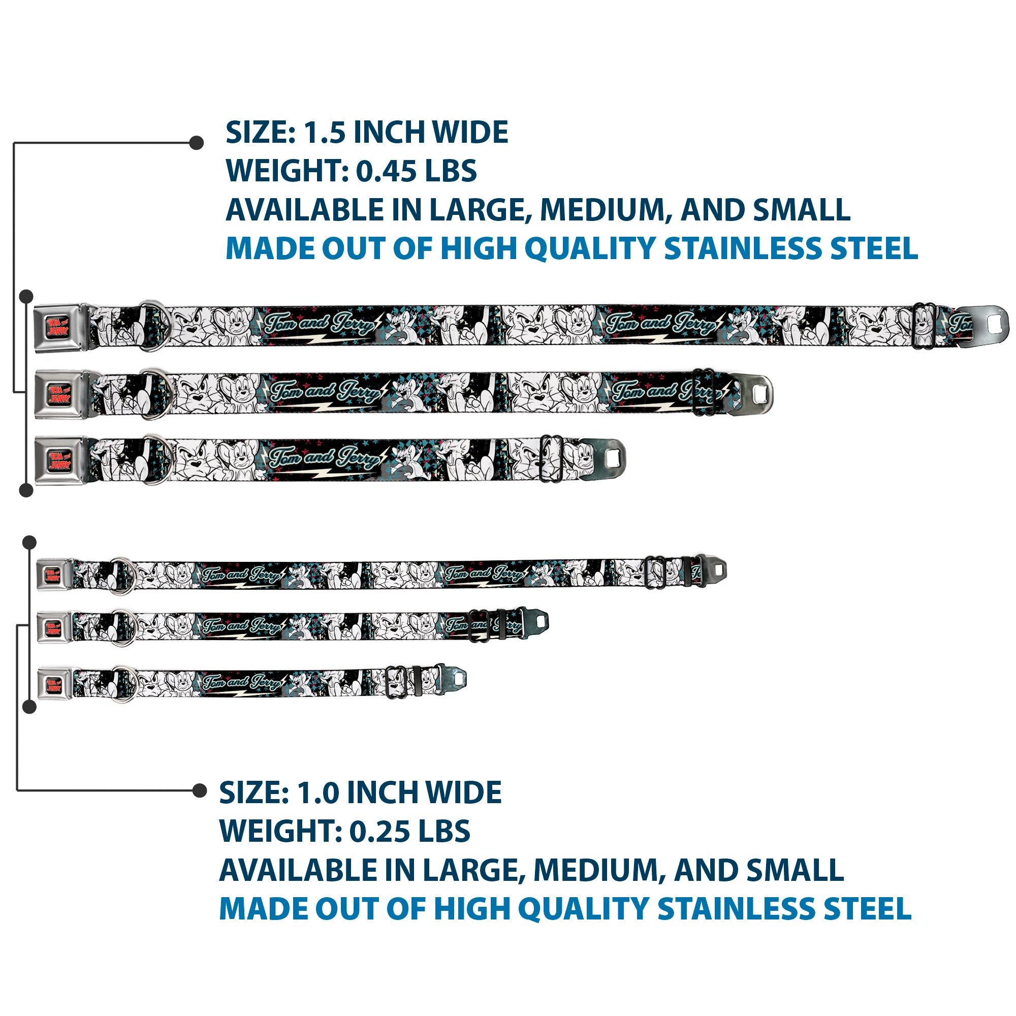 Tom and Jerry Logo Full Color Black Red Seatbelt Buckle Collar - TOM & JERRY Face & Pose Sketch Black/White/Red/Blue Seatbelt Buckle Collars Tom and Jerry