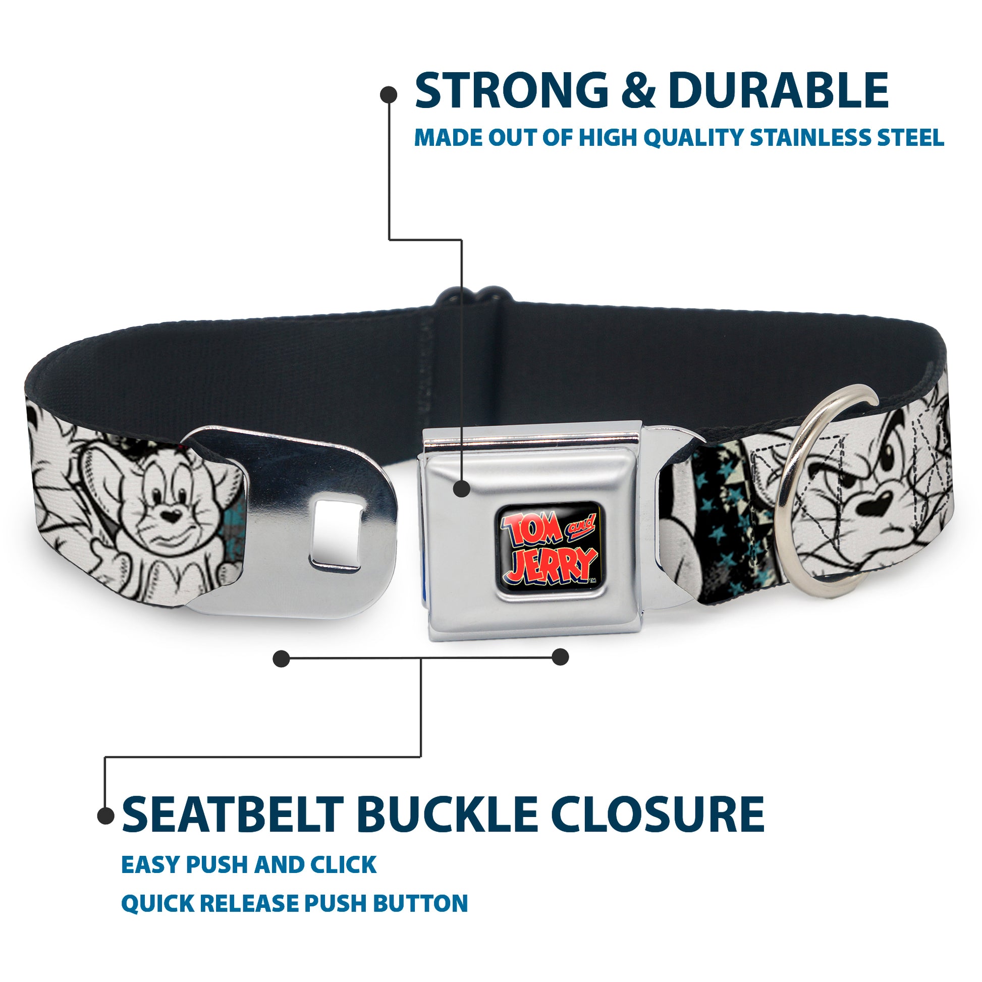 Tom and Jerry Logo Full Color Black Red Seatbelt Buckle Collar - TOM & JERRY Face & Pose Sketch Black/White/Red/Blue Seatbelt Buckle Collars Tom and Jerry