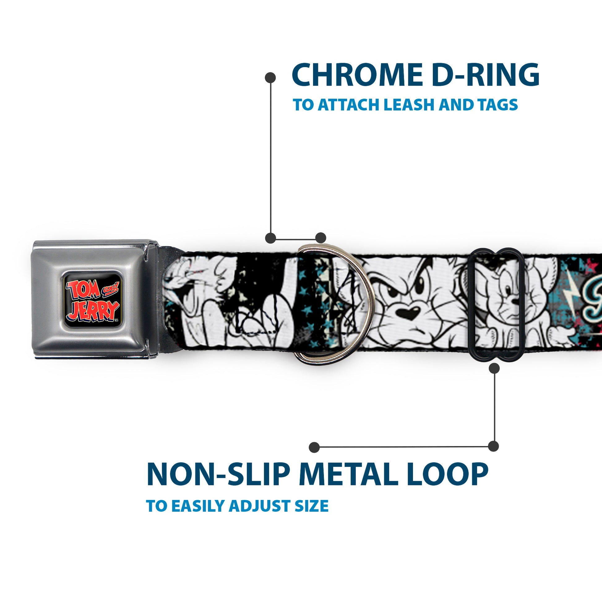 Tom and Jerry Logo Full Color Black Red Seatbelt Buckle Collar - TOM & JERRY Face & Pose Sketch Black/White/Red/Blue Seatbelt Buckle Collars Tom and Jerry