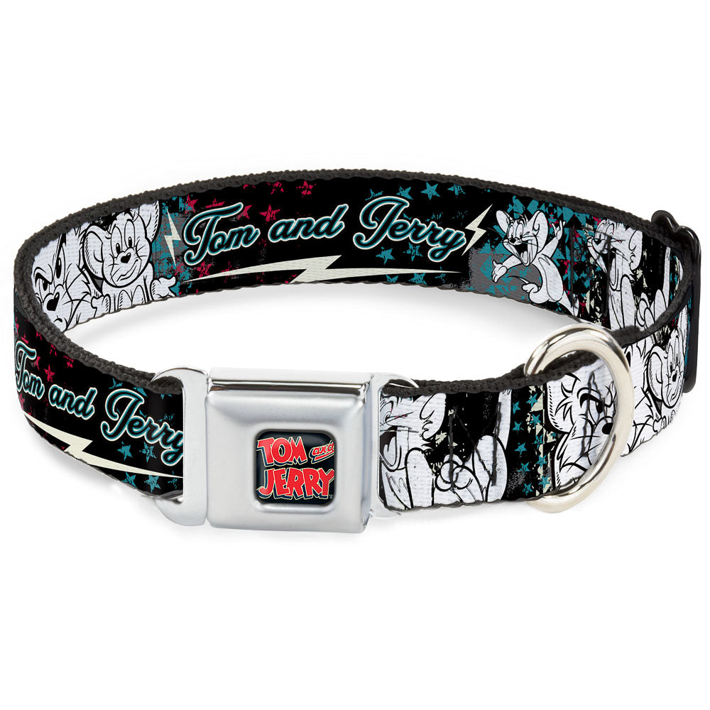 Tom and Jerry Logo Full Color Black Red Seatbelt Buckle Collar - TOM & JERRY Face & Pose Sketch Black/White/Red/Blue Seatbelt Buckle Collars Tom and Jerry