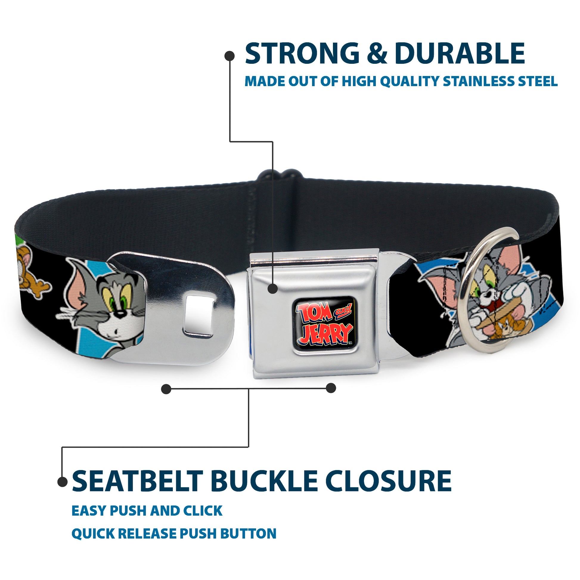 Tom and Jerry Logo Full Color Black Red Seatbelt Buckle Collar - TOM & JERRY Poses Black/Multi Color Seatbelt Buckle Collars Tom and Jerry