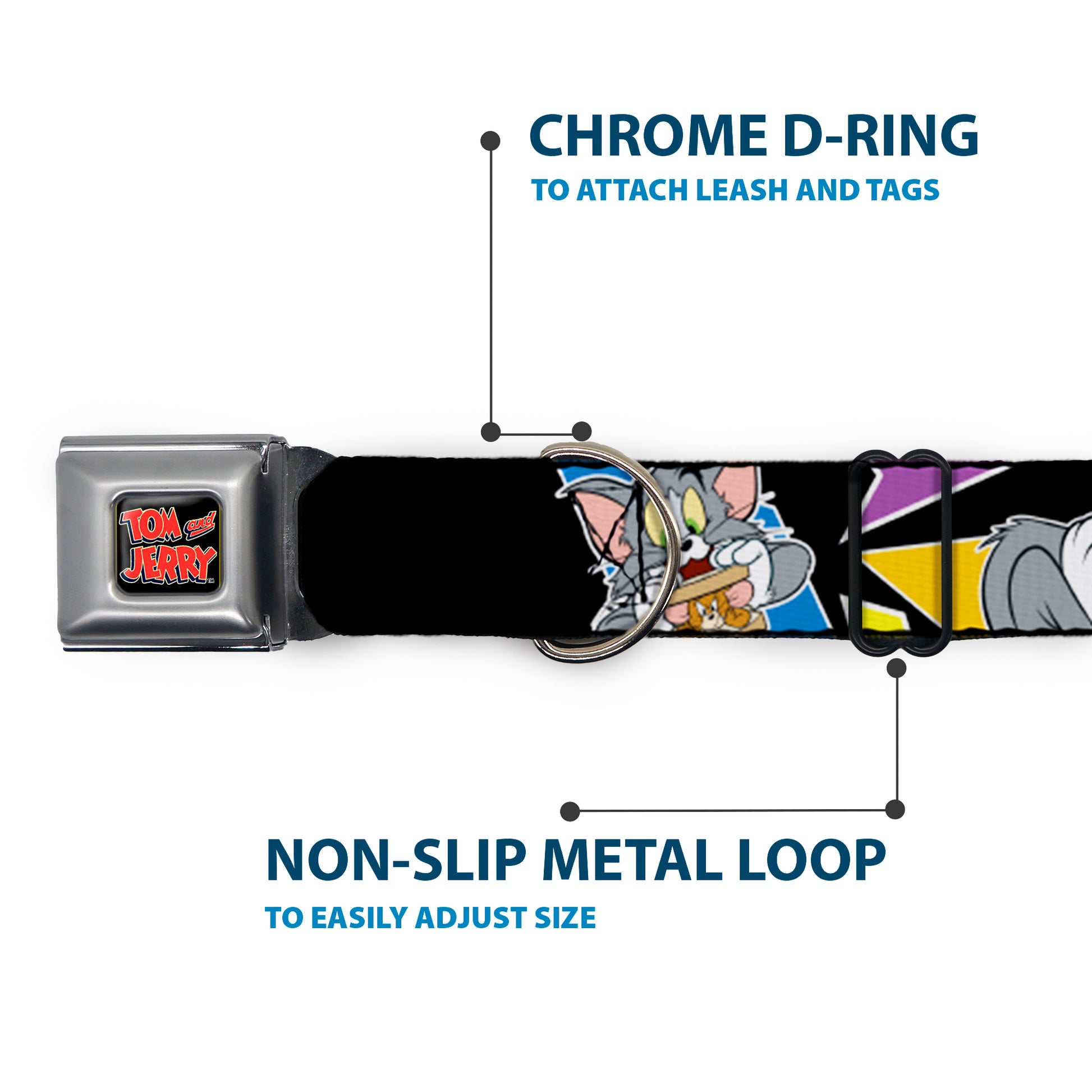 Tom and Jerry Logo Full Color Black Red Seatbelt Buckle Collar - TOM & JERRY Poses Black/Multi Color Seatbelt Buckle Collars Tom and Jerry