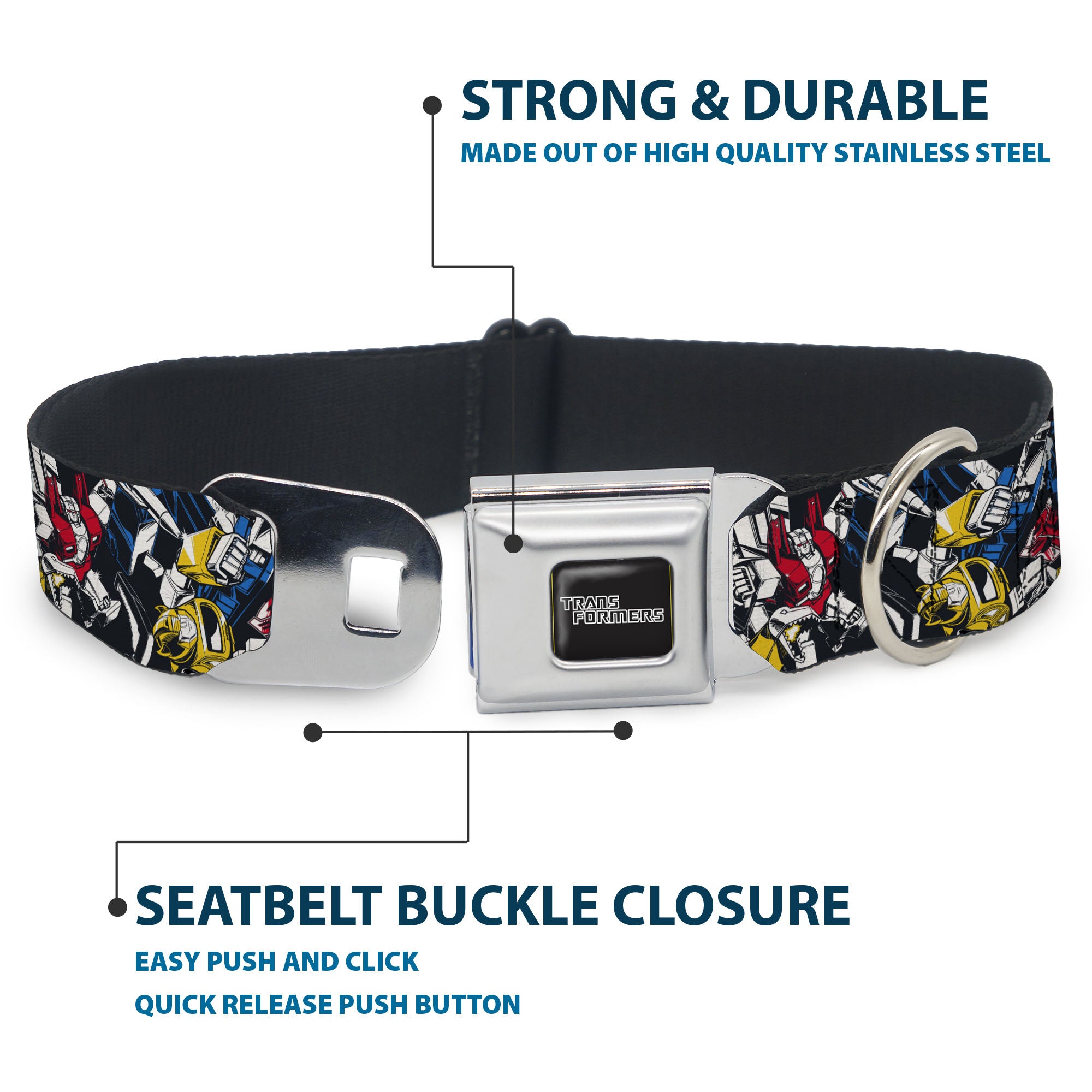 TRANSFORMERS Title Logo Full Color Black/Gray Fade Seatbelt Buckle Collar - Transformers Autobot and Decepticon Robots and Alternate Modes Collage Seatbelt Buckle Collars Transformers