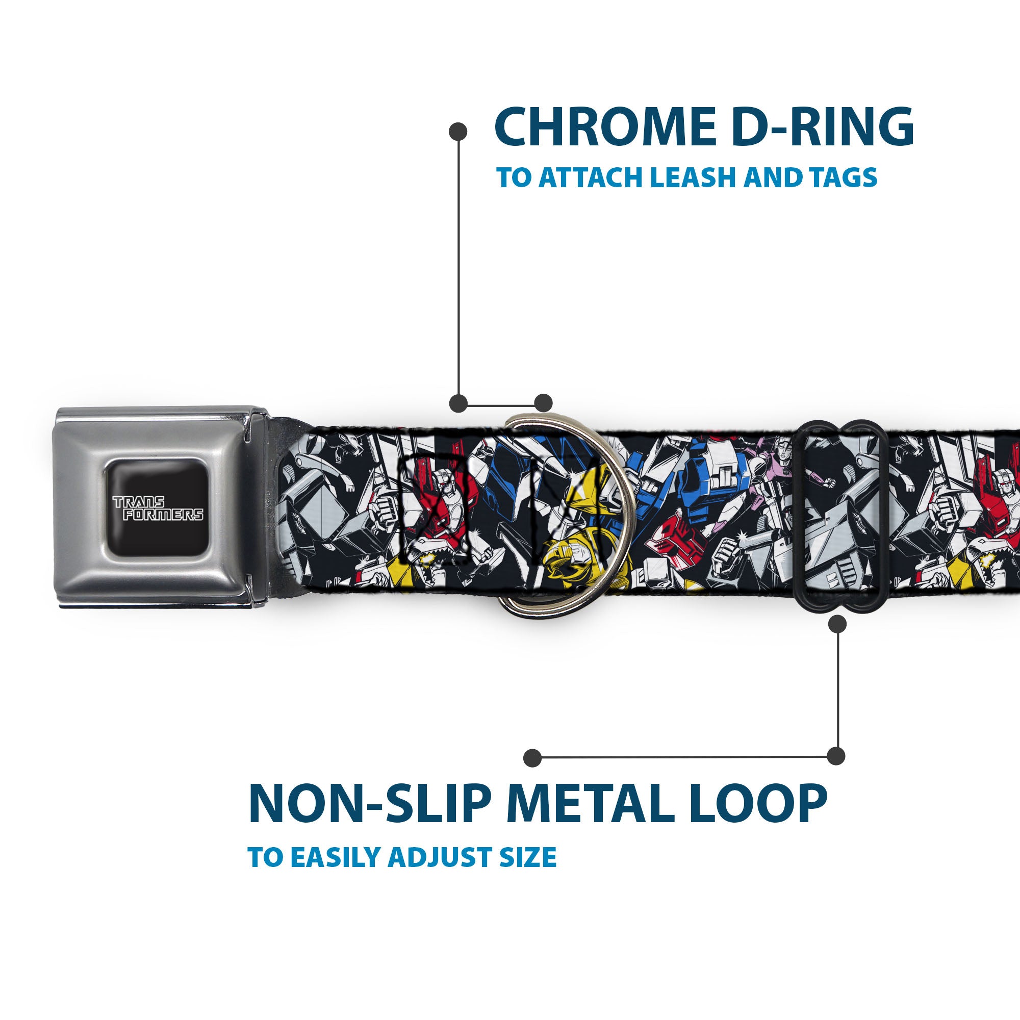 TRANSFORMERS Title Logo Full Color Black/Gray Fade Seatbelt Buckle Collar - Transformers Autobot and Decepticon Robots and Alternate Modes Collage Seatbelt Buckle Collars Transformers