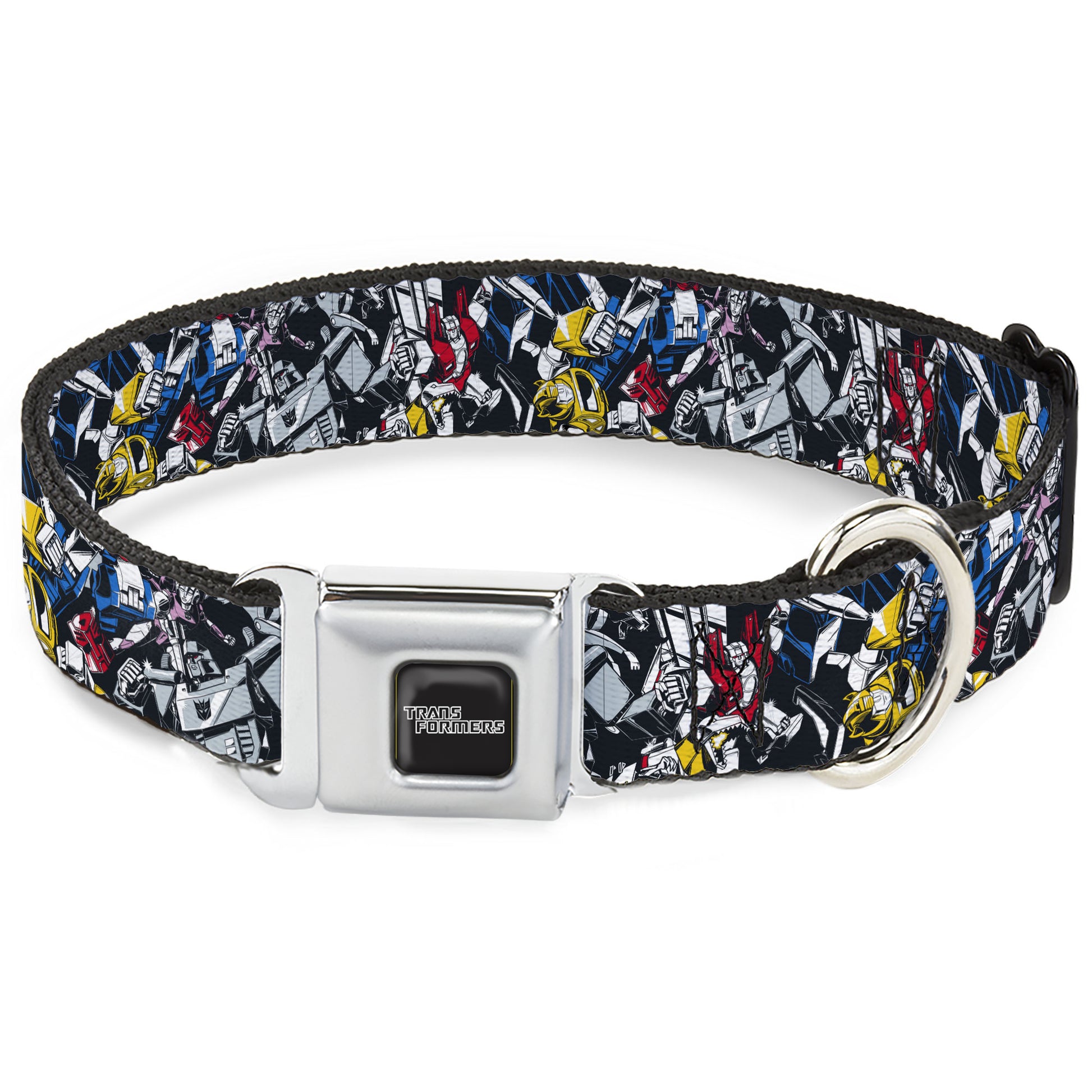 TRANSFORMERS Title Logo Full Color Black/Gray Fade Seatbelt Buckle Collar - Transformers Autobot and Decepticon Robots and Alternate Modes Collage Seatbelt Buckle Collars Transformers
