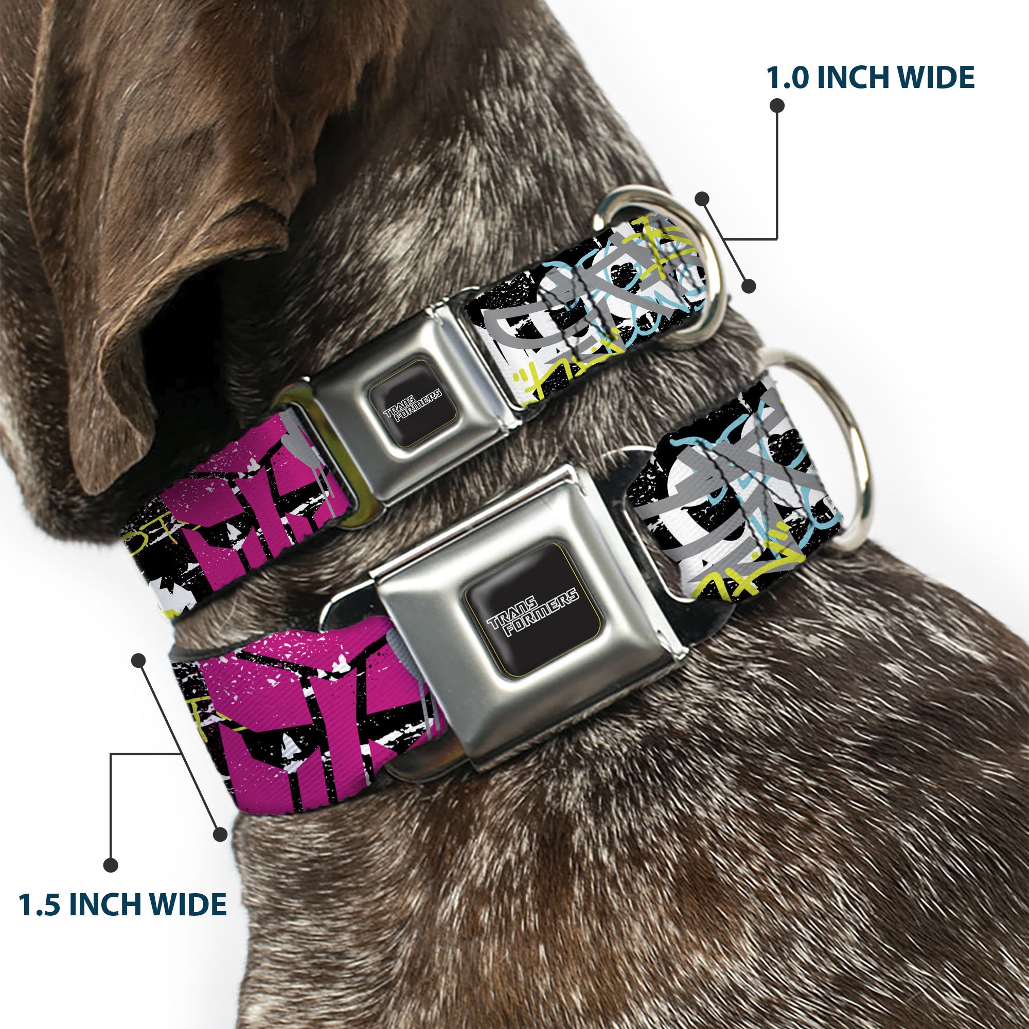 TRANSFORMERS Title Logo Full Color Black/Gray Fade Seatbelt Buckle Collar - Transformers Icons and Names Graffiti Collage Black/Multi Color Seatbelt Buckle Collars Transformers