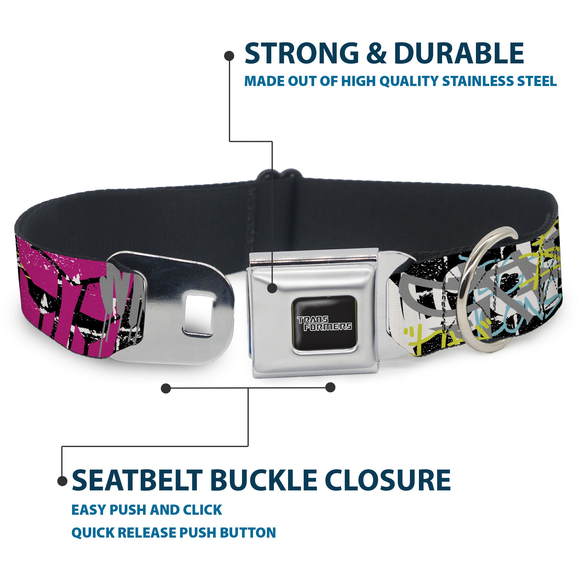 TRANSFORMERS Title Logo Full Color Black/Gray Fade Seatbelt Buckle Collar - Transformers Icons and Names Graffiti Collage Black/Multi Color Seatbelt Buckle Collars Transformers
