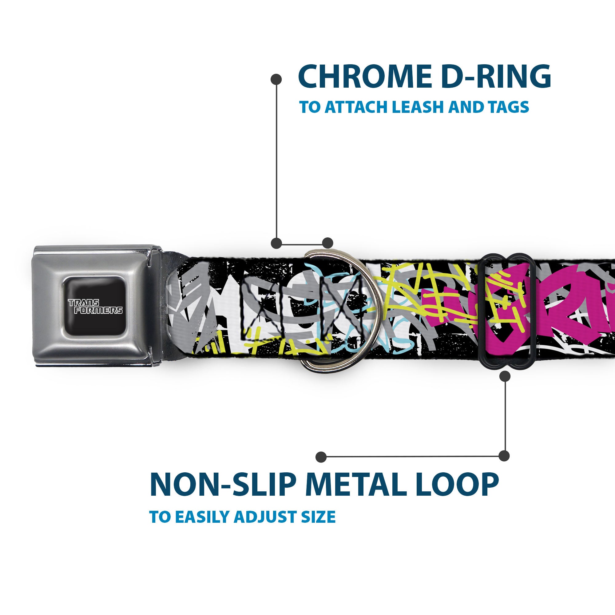 TRANSFORMERS Title Logo Full Color Black/Gray Fade Seatbelt Buckle Collar - Transformers Icons and Names Graffiti Collage Black/Multi Color Seatbelt Buckle Collars Transformers