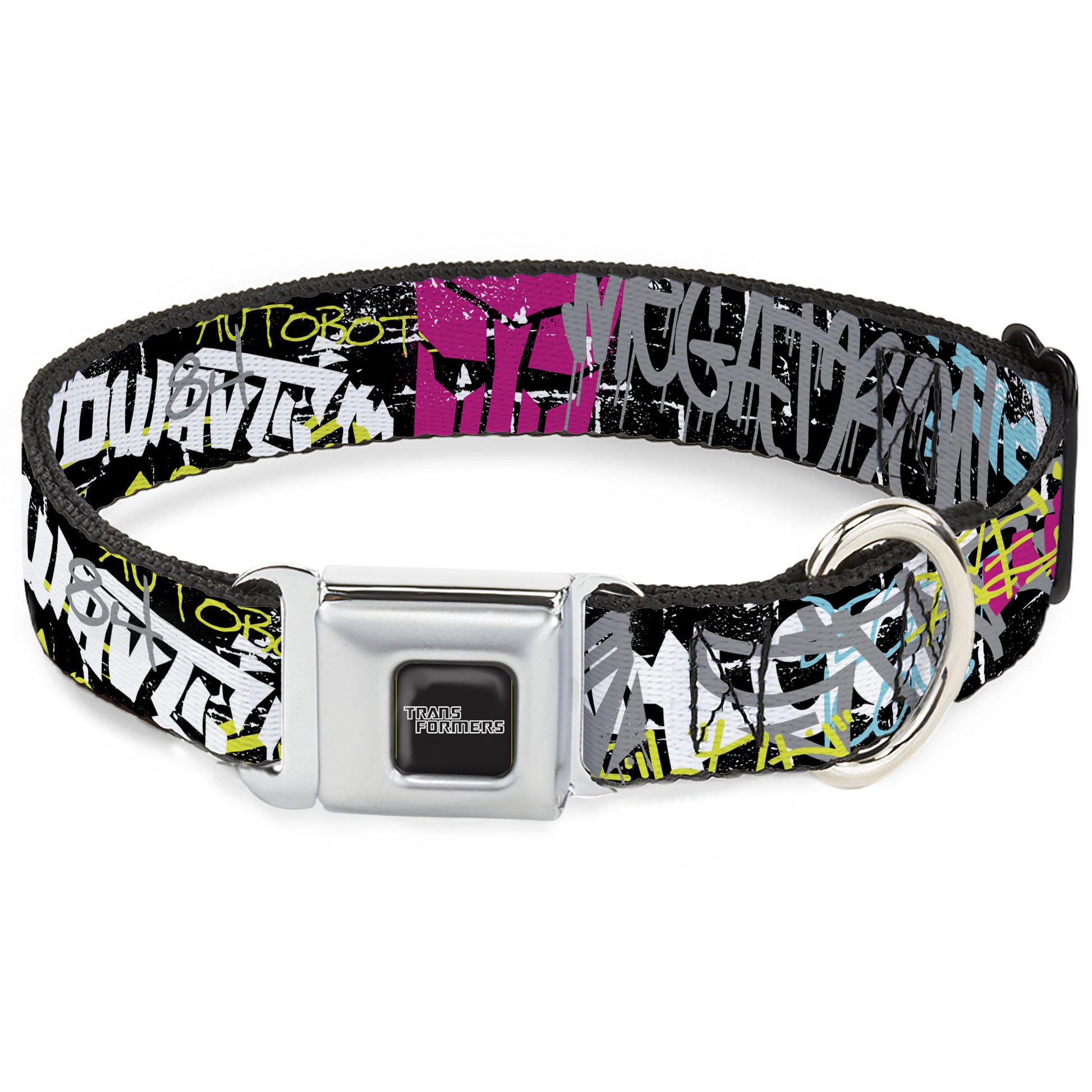 TRANSFORMERS Title Logo Full Color Black/Gray Fade Seatbelt Buckle Collar - Transformers Icons and Names Graffiti Collage Black/Multi Color Seatbelt Buckle Collars Transformers