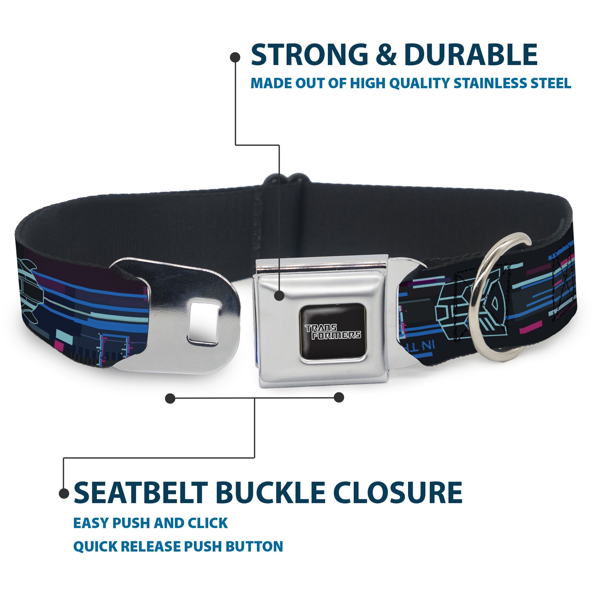 TRANSFORMERS Title Logo Full Color Black/Gray Fade Seatbelt Buckle Collar - Transformers Autobots IN THE ZONE Icons Blues/Reds Seatbelt Buckle Collars Transformers