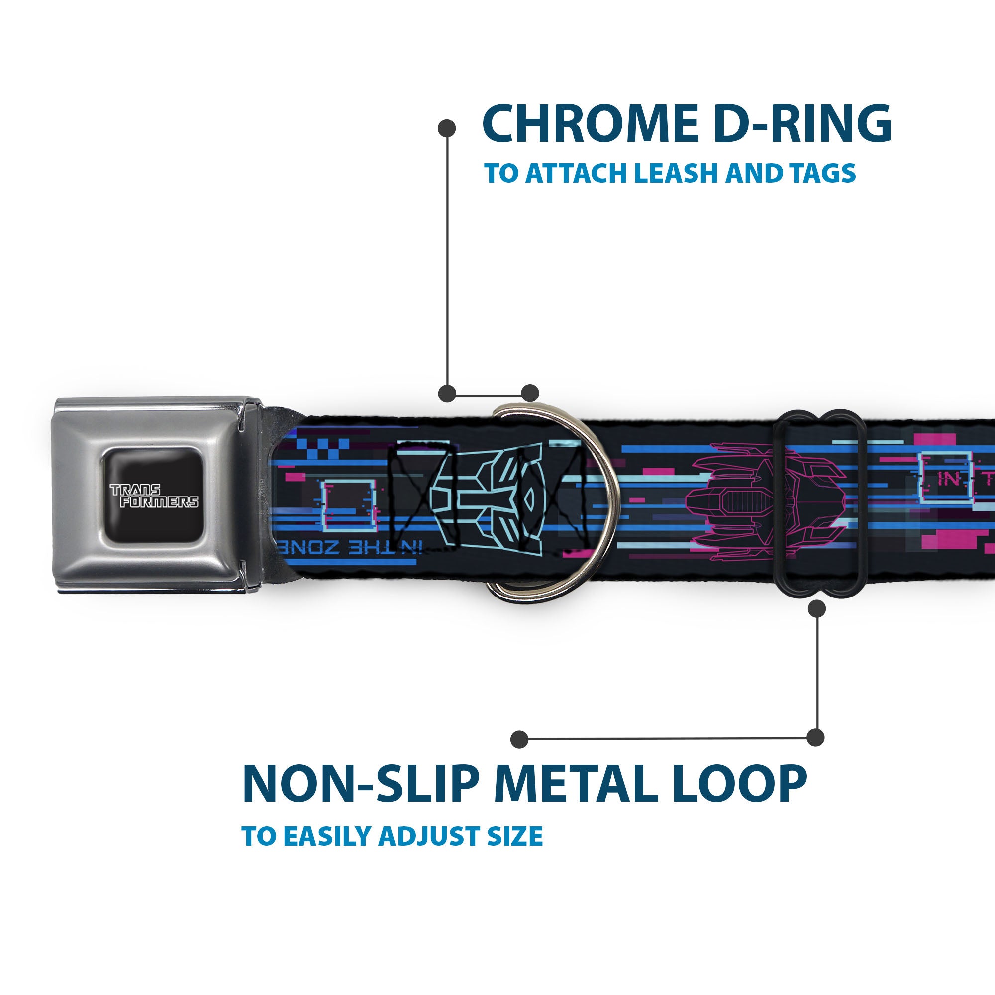 TRANSFORMERS Title Logo Full Color Black/Gray Fade Seatbelt Buckle Collar - Transformers Autobots IN THE ZONE Icons Blues/Reds Seatbelt Buckle Collars Transformers