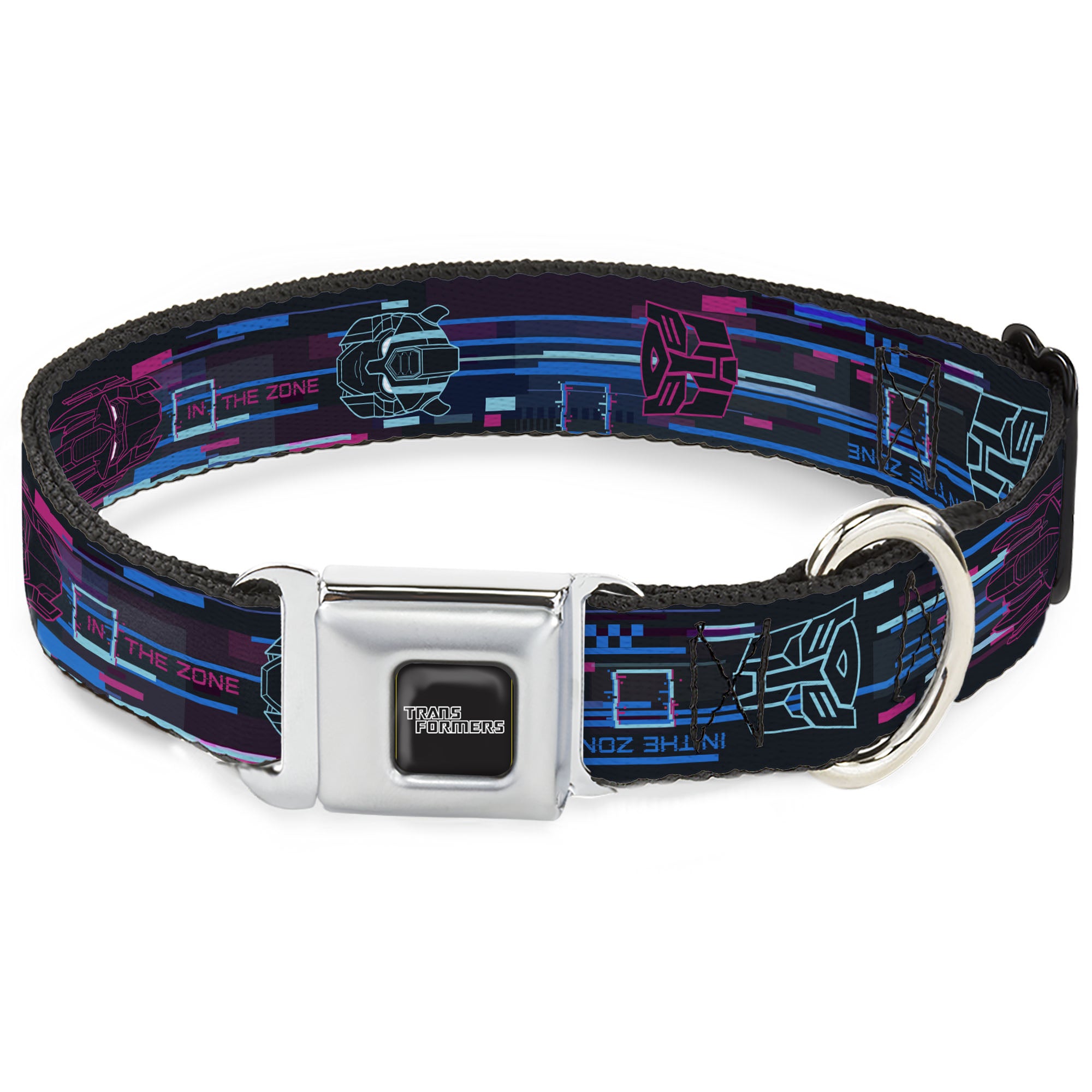 TRANSFORMERS Title Logo Full Color Black/Gray Fade Seatbelt Buckle Collar - Transformers Autobots IN THE ZONE Icons Blues/Reds Seatbelt Buckle Collars Transformers