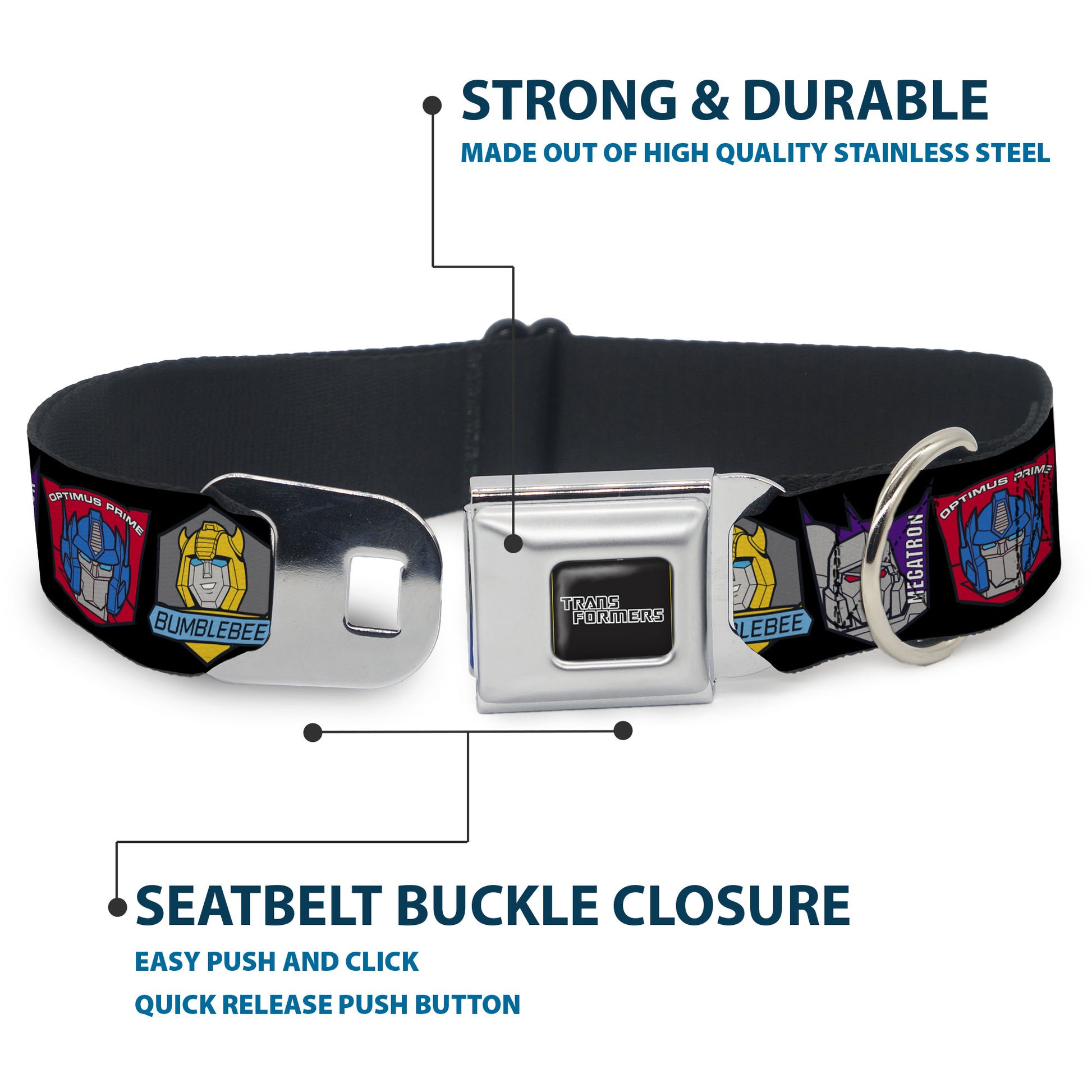 TRANSFORMERS Title Logo Full Color Black/Gray Fade Seatbelt Buckle Collar - Transformers Three Character Pose Icons Black Seatbelt Buckle Collars Transformers