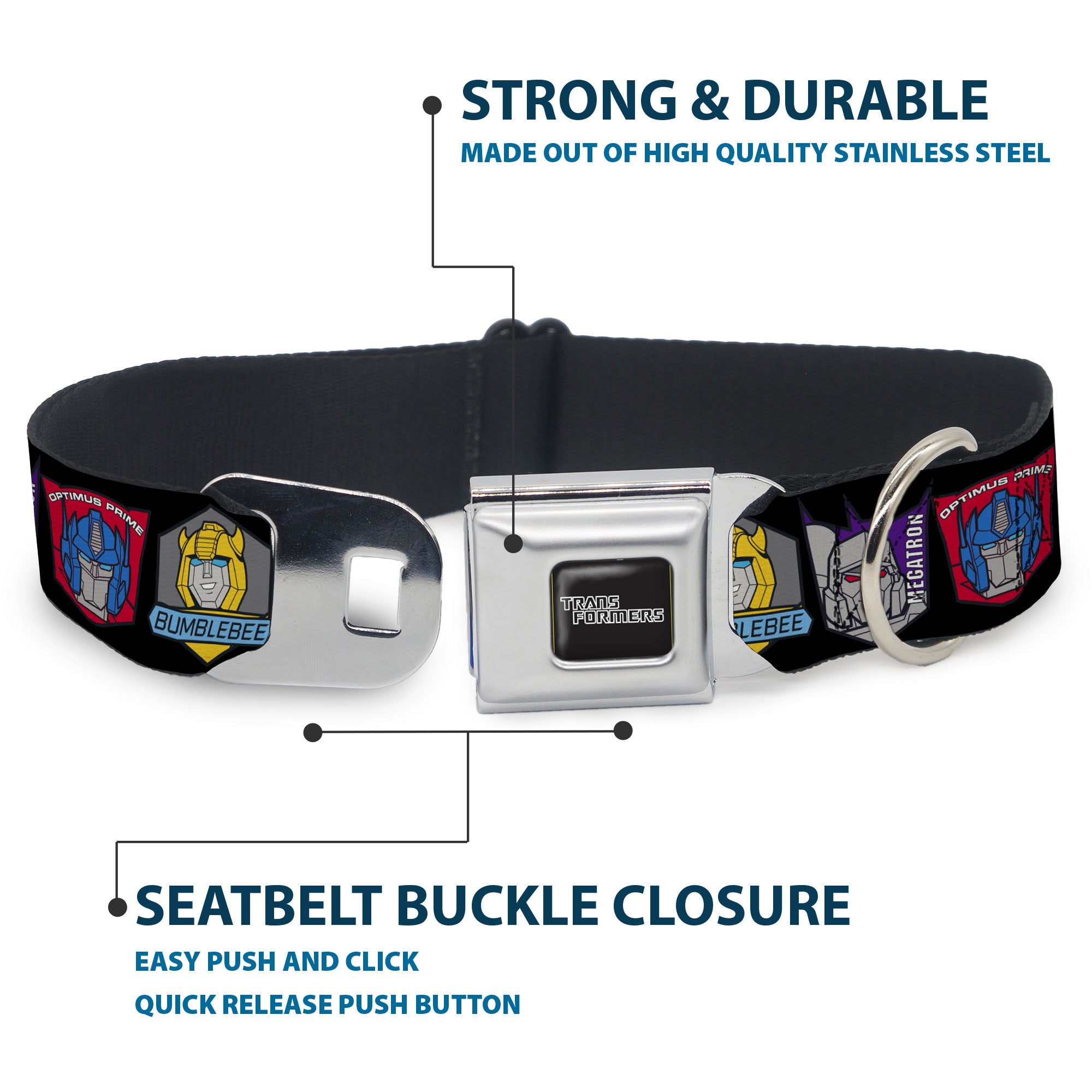 TRANSFORMERS Title Logo Full Color Black/Gray Fade Seatbelt Buckle Collar - Transformers Three Character Pose Icons Black Seatbelt Buckle Collars Transformers