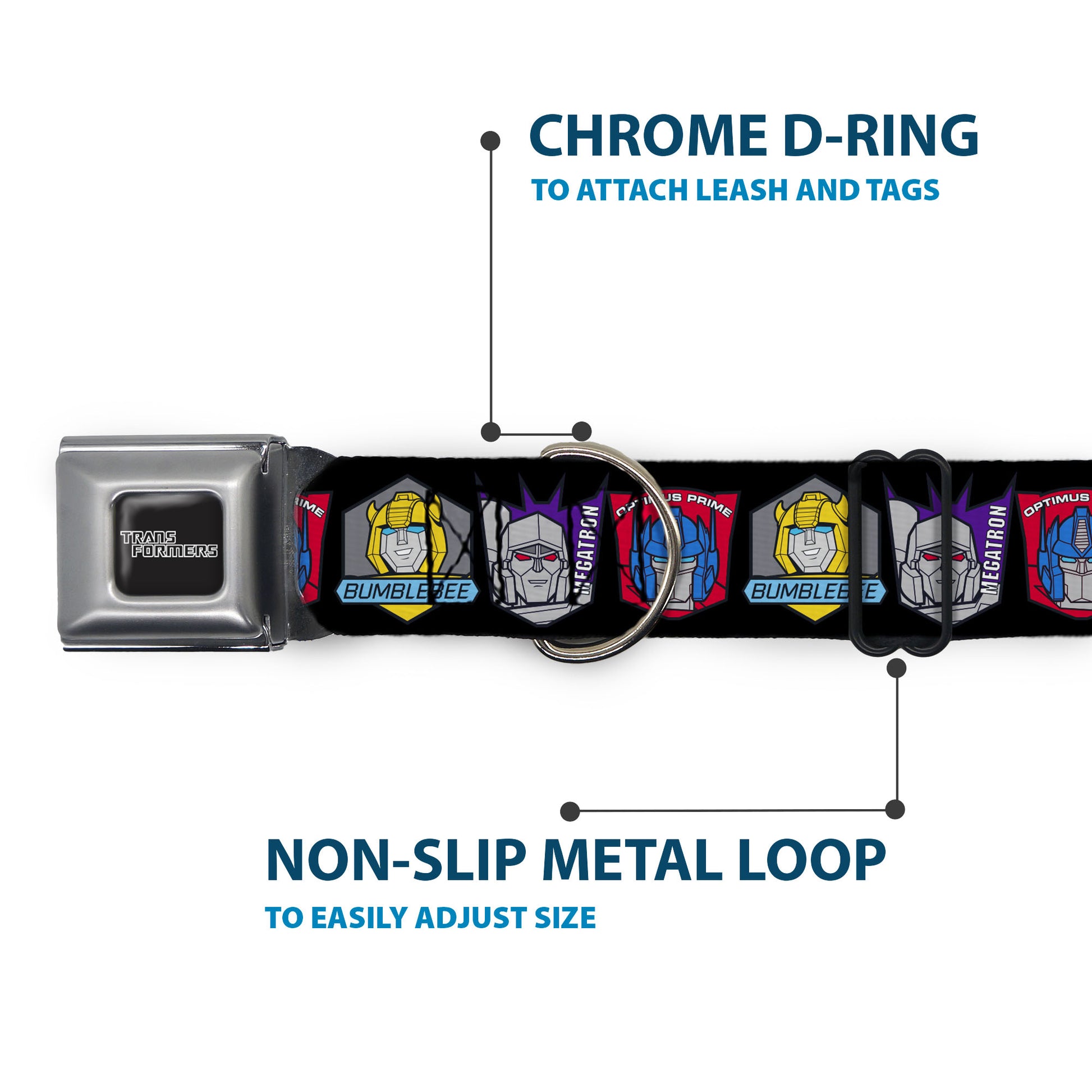 TRANSFORMERS Title Logo Full Color Black/Gray Fade Seatbelt Buckle Collar - Transformers Three Character Pose Icons Black Seatbelt Buckle Collars Transformers