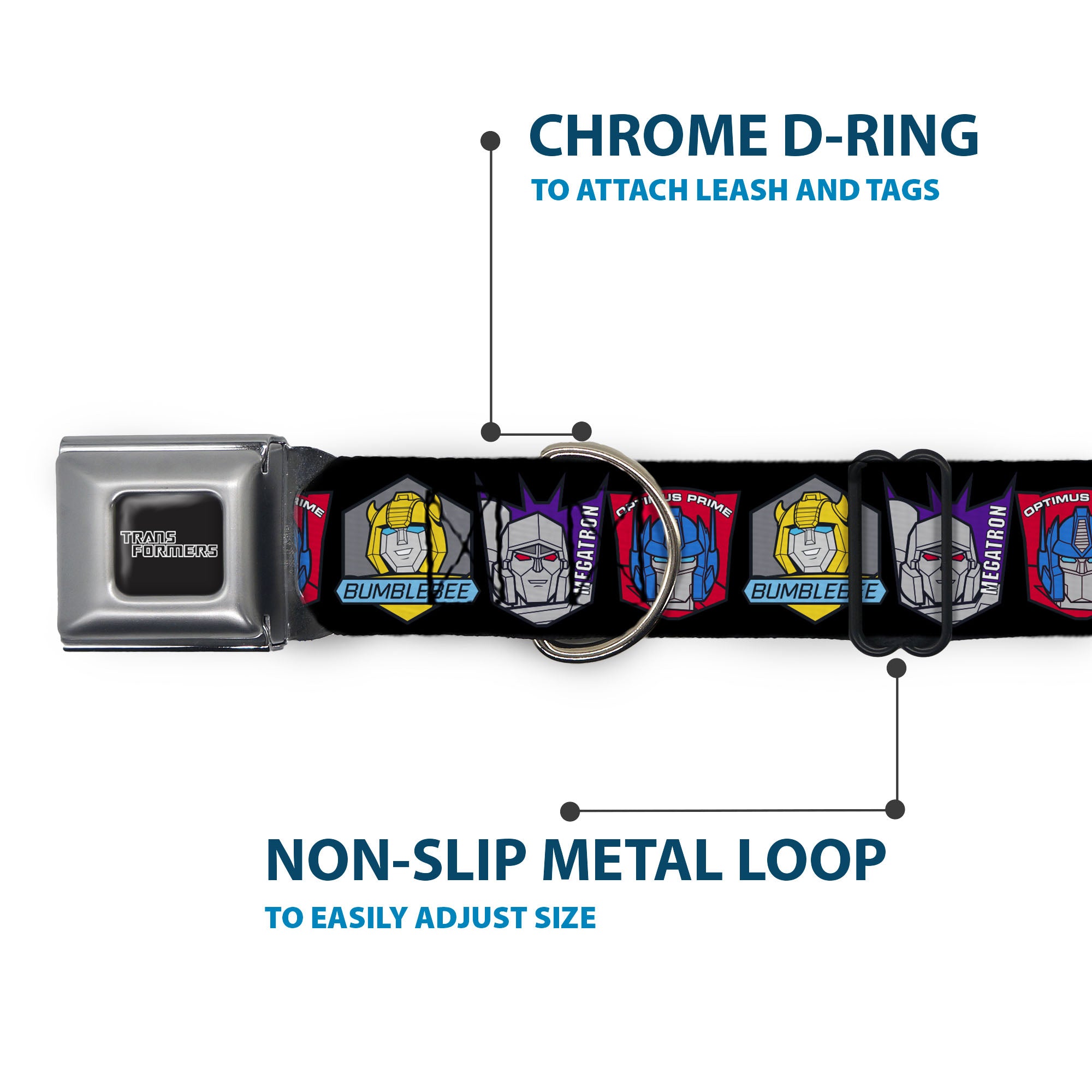 TRANSFORMERS Title Logo Full Color Black/Gray Fade Seatbelt Buckle Collar - Transformers Three Character Pose Icons Black Seatbelt Buckle Collars Transformers