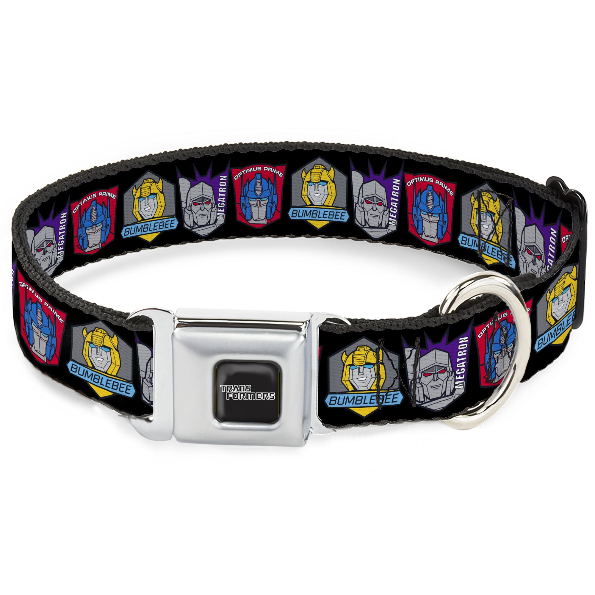 TRANSFORMERS Title Logo Full Color Black/Gray Fade Seatbelt Buckle Collar - Transformers Three Character Pose Icons Black Seatbelt Buckle Collars Transformers