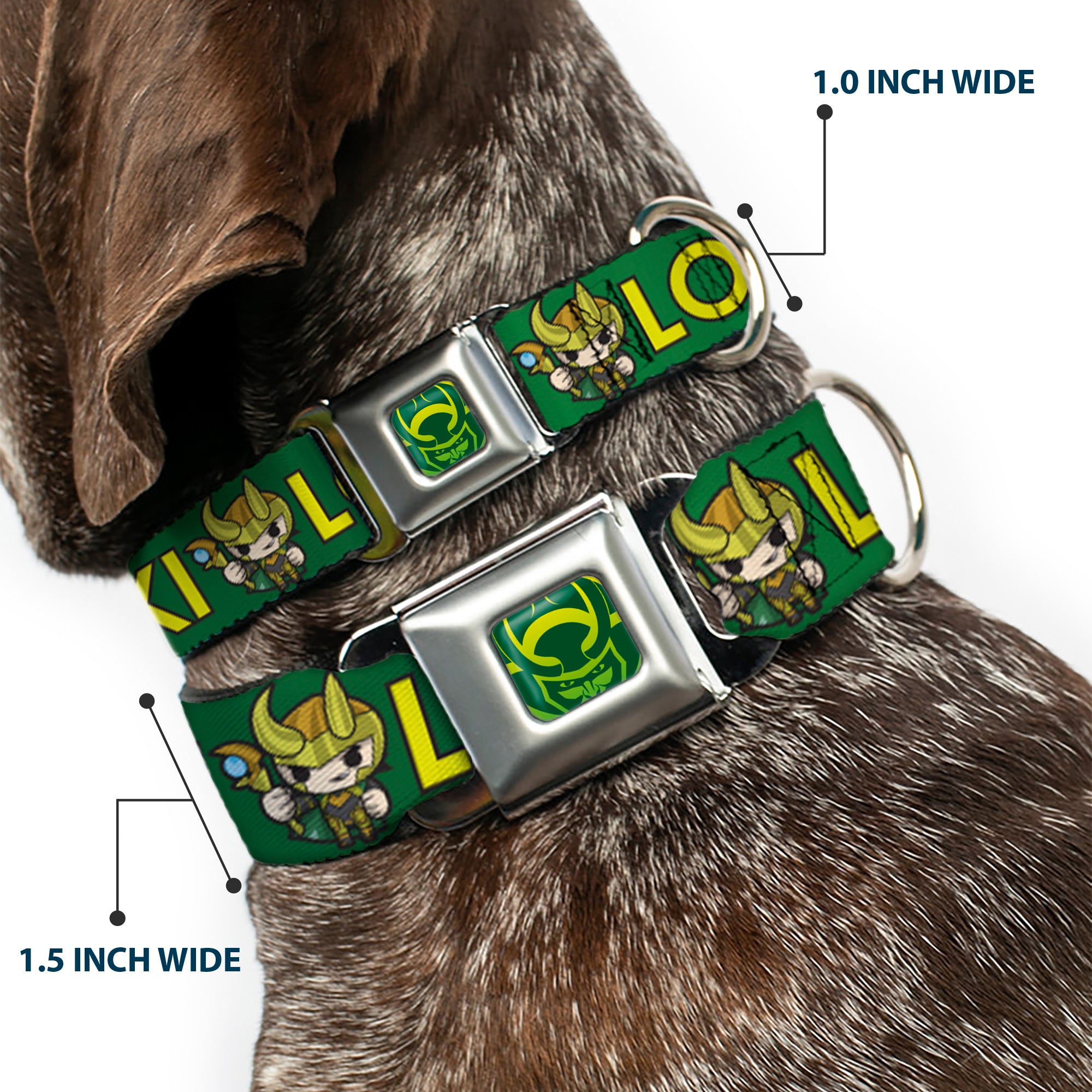 Loki Face Icon Full Color Yellow/Greens Seatbelt Buckle Collar - Kawaii LOKI Standing Pose/Text Green/Yellow Seatbelt Buckle Collars Marvel Comics