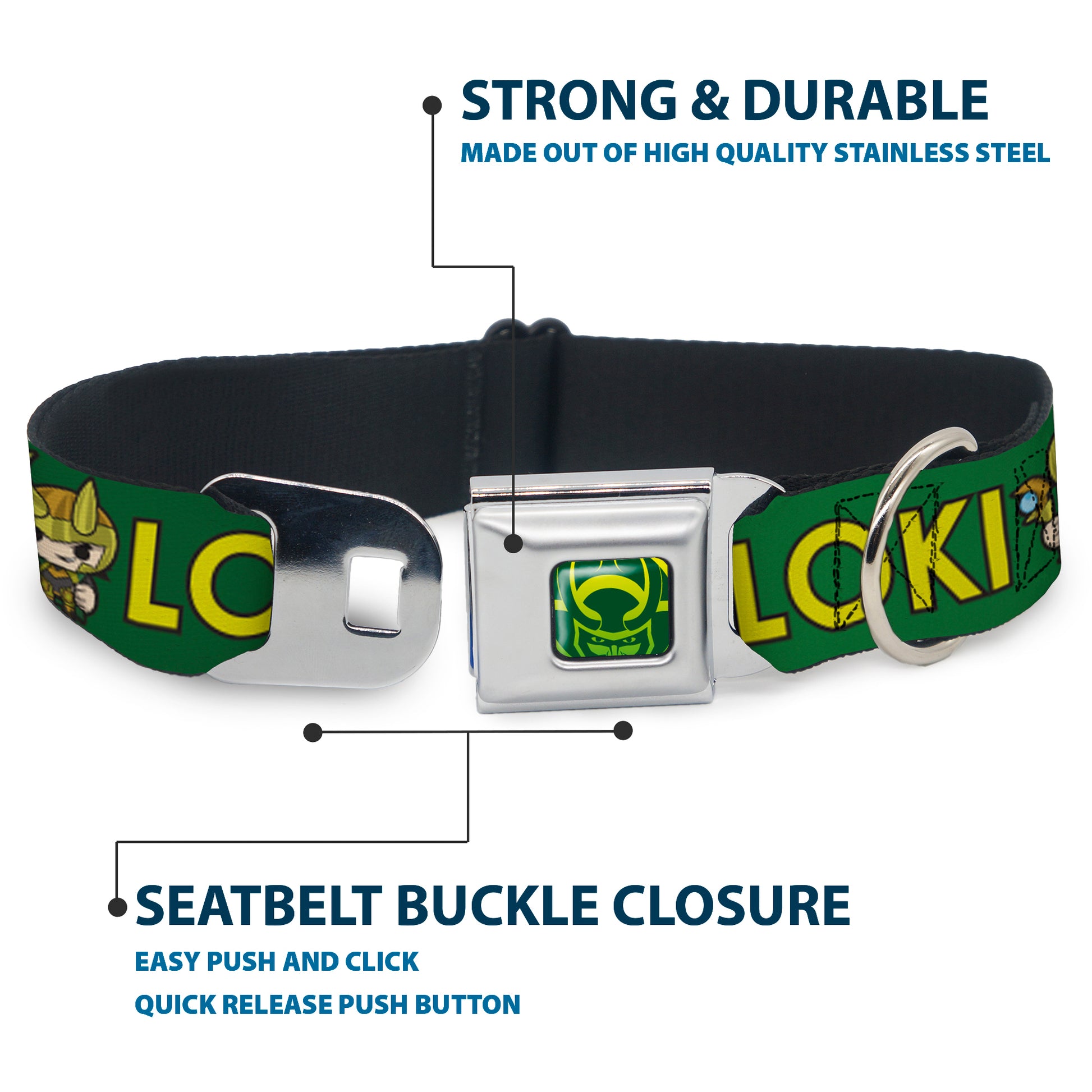 Loki Face Icon Full Color Yellow/Greens Seatbelt Buckle Collar - Kawaii LOKI Standing Pose/Text Green/Yellow Seatbelt Buckle Collars Marvel Comics