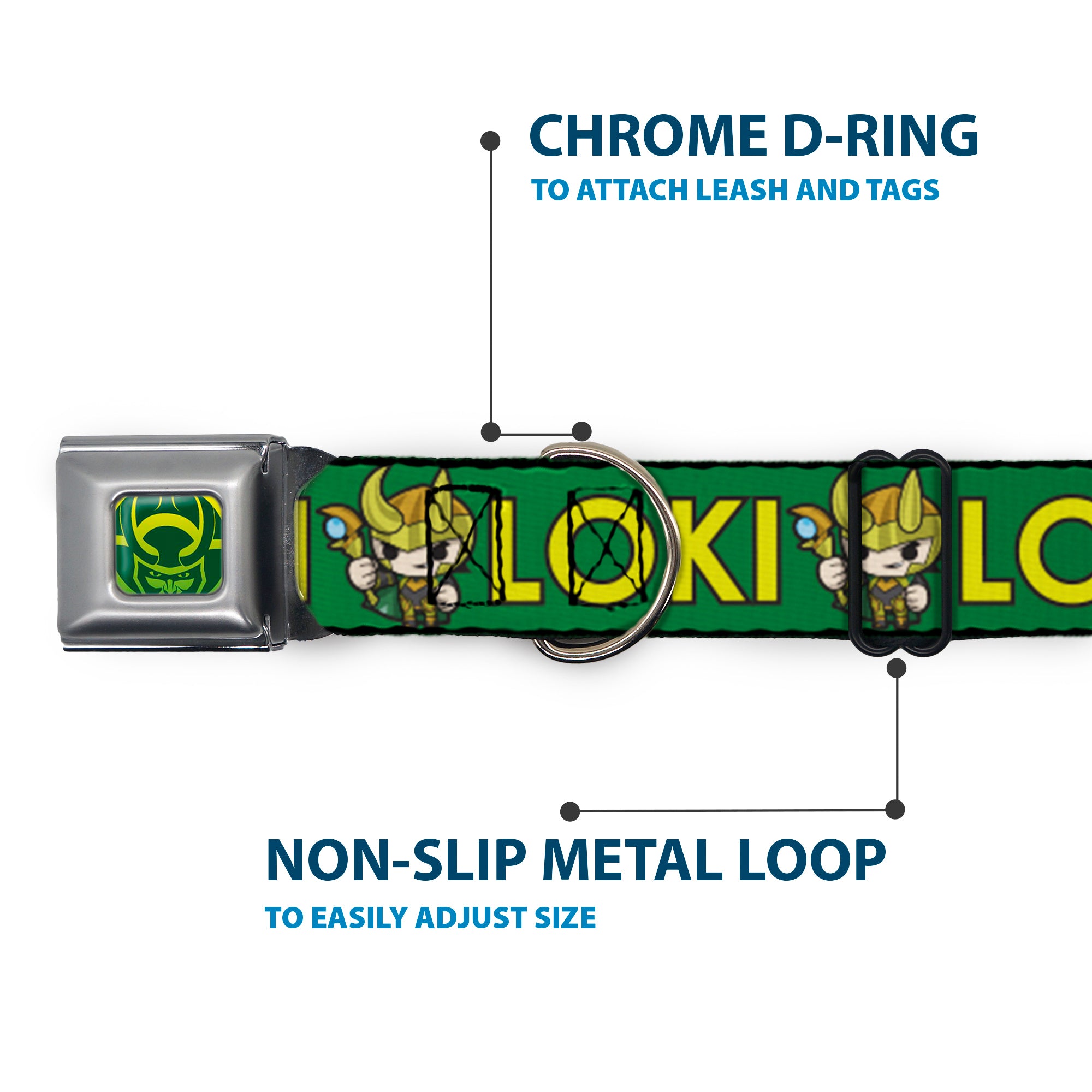 Loki Face Icon Full Color Yellow/Greens Seatbelt Buckle Collar - Kawaii LOKI Standing Pose/Text Green/Yellow Seatbelt Buckle Collars Marvel Comics