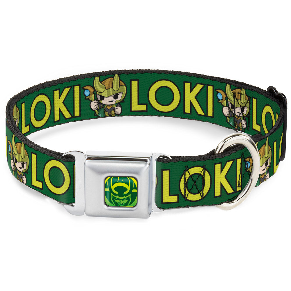 Loki Face Icon Full Color Yellow/Greens Seatbelt Buckle Collar - Kawaii LOKI Standing Pose/Text Green/Yellow Seatbelt Buckle Collars Marvel Comics