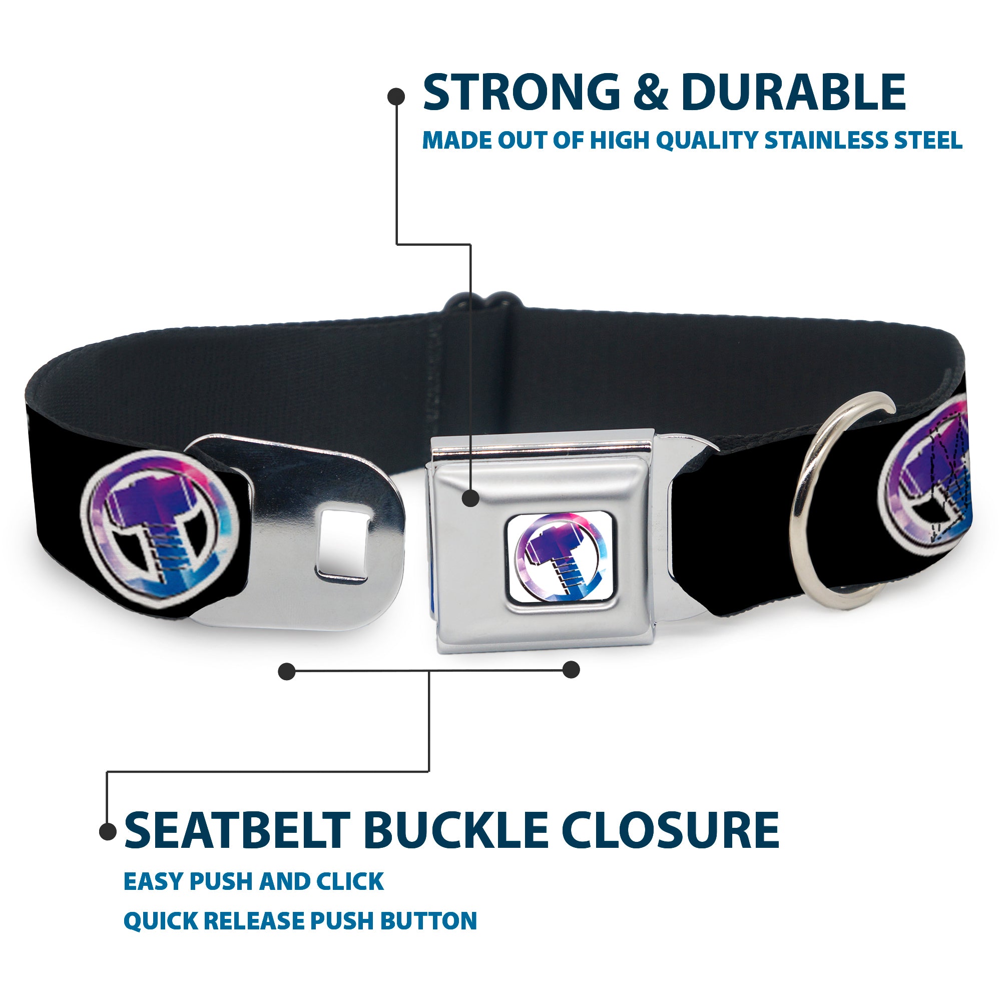 Thor Hamer Icon Full Color White/Blues Seatbelt Buckle Collar - Thor SON OF ODIN/Hamner Icon Black/White/Blues Seatbelt Buckle Collars Marvel Comics