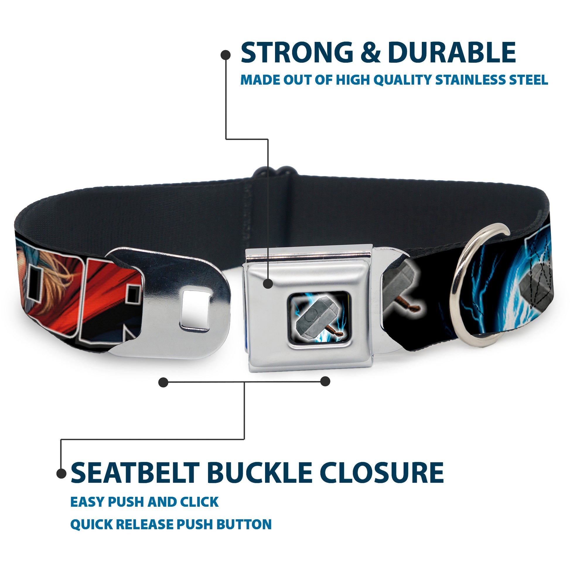 MARVEL AVENGERS Thor's Hammer Full Color Seatbelt Buckle Collar - THOR Poses/Hammer Seatbelt Buckle Collars Marvel Comics