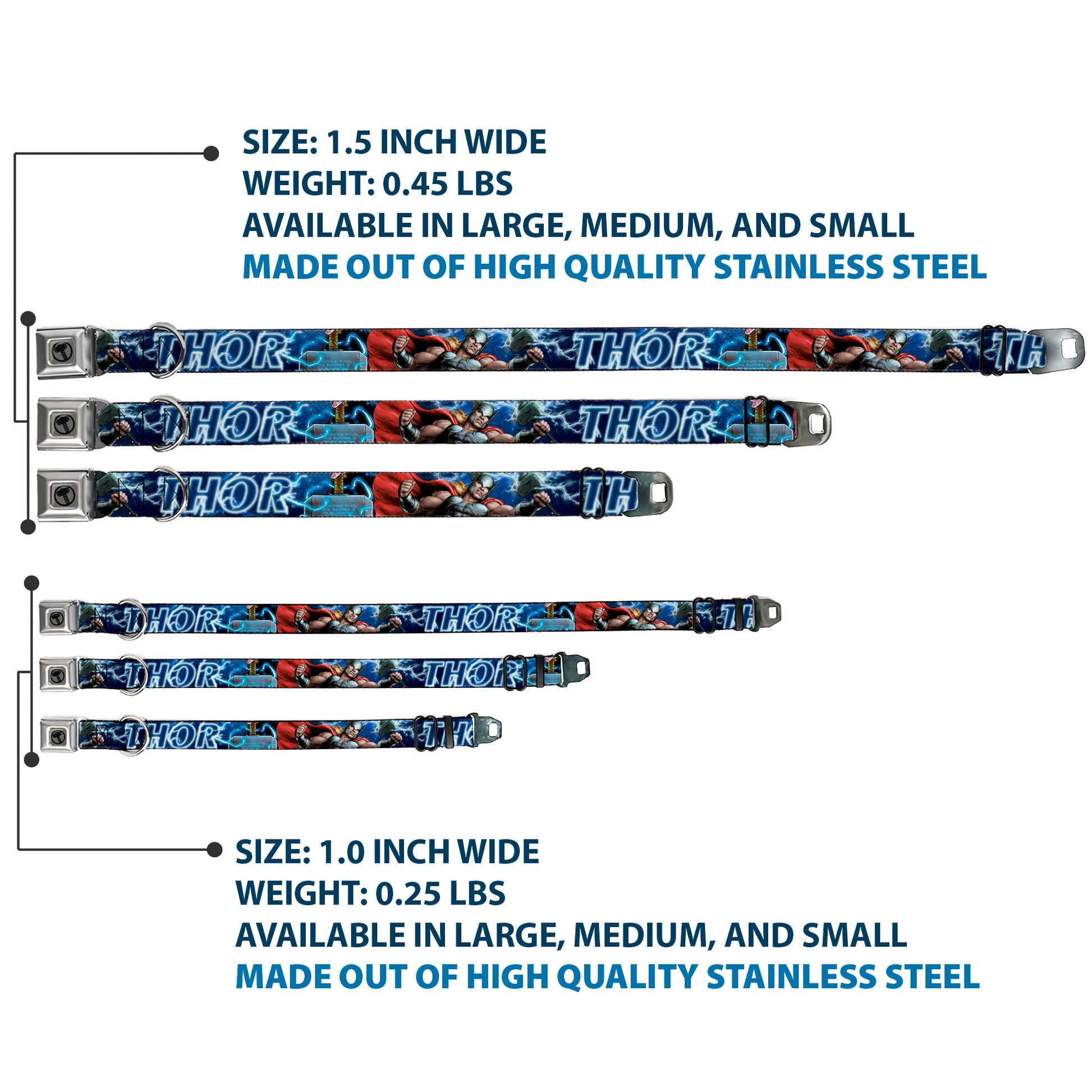 Thor Avengers Icon Silver/Black Seatbelt Buckle Collar - Avengers THOR Hammer/Action Pose Galaxy Blues/White Seatbelt Buckle Collars Marvel Comics