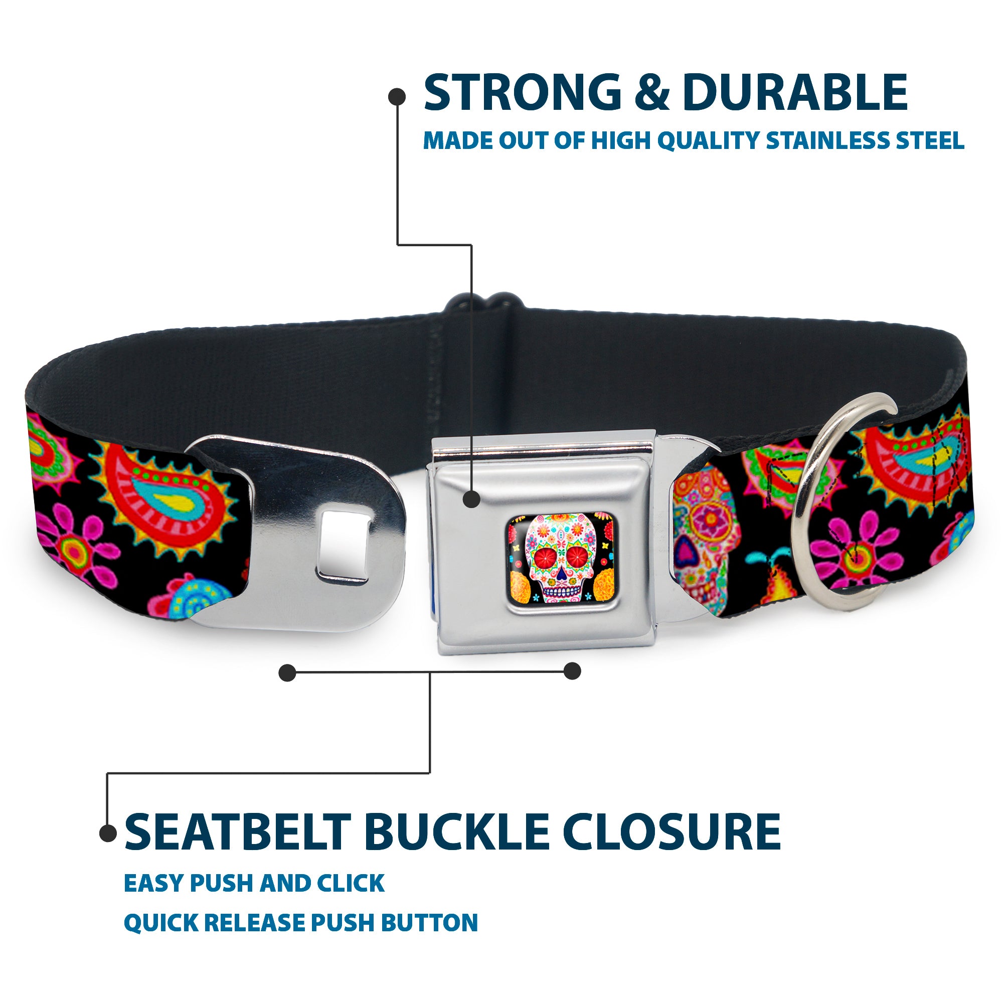 Sugar Skull Starburst Full Color Black/Multi Color Seatbelt Buckle Collar - Bobo Sugar Skull/Paisley Black/Multi Color Seatbelt Buckle Collars Thaneeya McArdle
