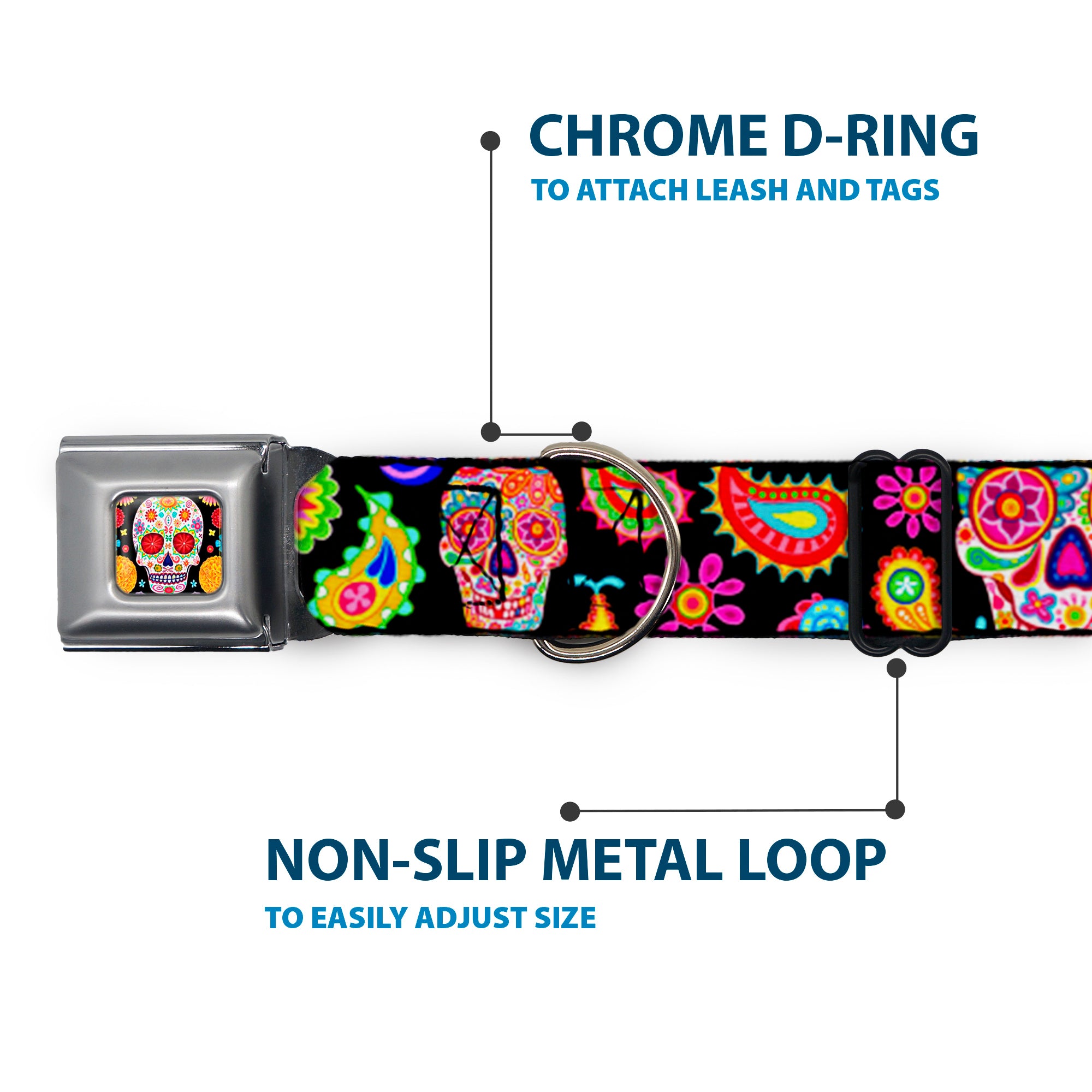 Sugar Skull Starburst Full Color Black/Multi Color Seatbelt Buckle Collar - Bobo Sugar Skull/Paisley Black/Multi Color Seatbelt Buckle Collars Thaneeya McArdle