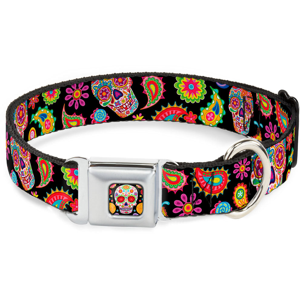 Sugar Skull Starburst Full Color Black/Multi Color Seatbelt Buckle Collar - Bobo Sugar Skull/Paisley Black/Multi Color Seatbelt Buckle Collars Thaneeya McArdle