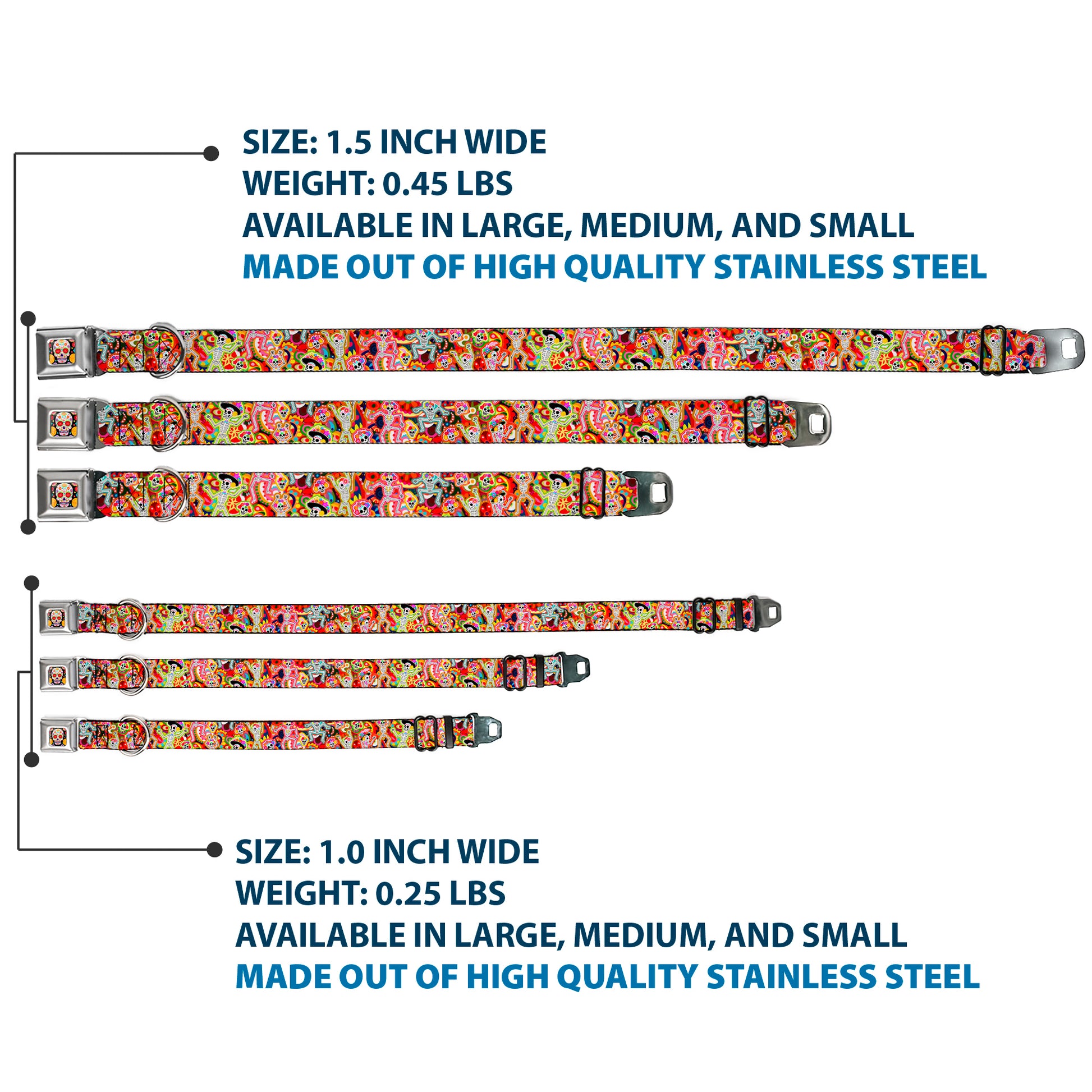 Sugar Skull Starburst Full Color Black/Multi Color Seatbelt Buckle Collar - Dancing Catrinas Collage Multi Color Seatbelt Buckle Collars Thaneeya McArdle