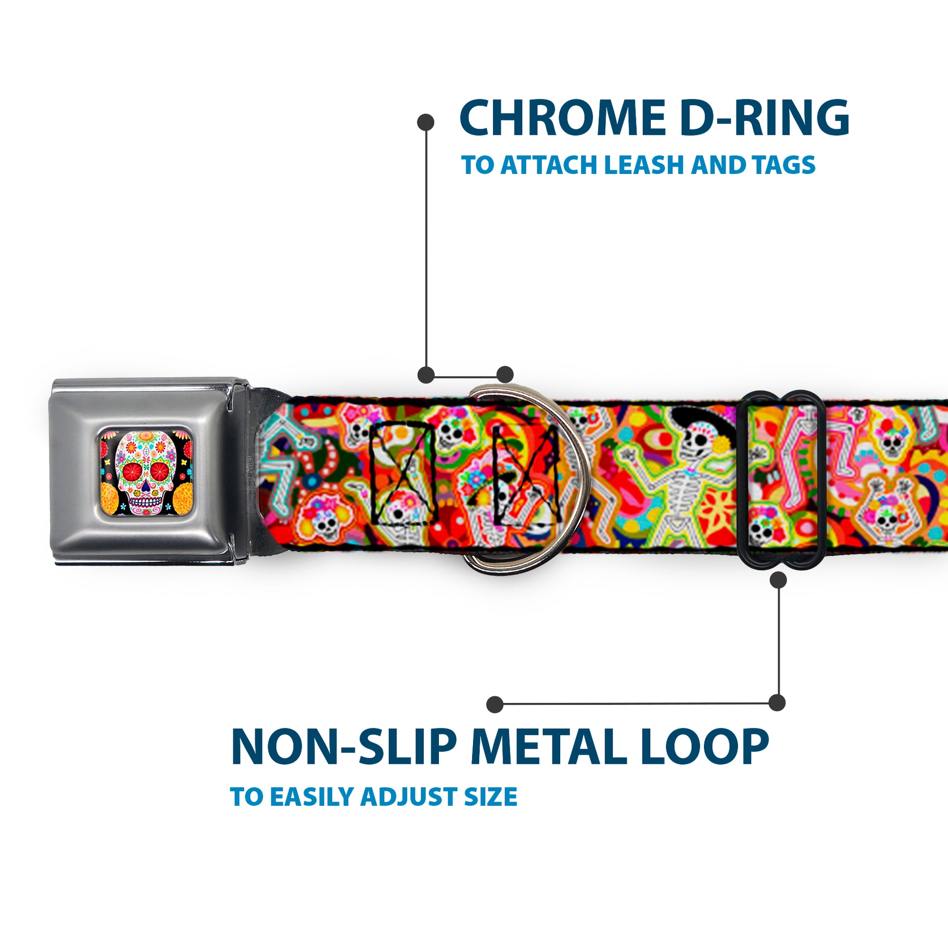 Sugar Skull Starburst Full Color Black/Multi Color Seatbelt Buckle Collar - Dancing Catrinas Collage Multi Color Seatbelt Buckle Collars Thaneeya McArdle