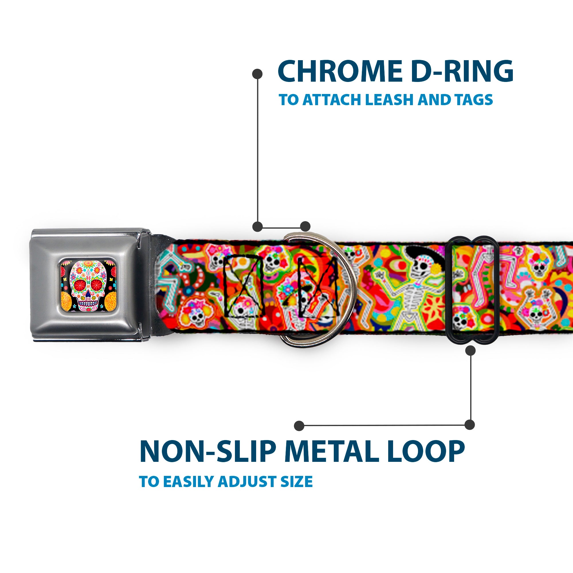 Sugar Skull Starburst Full Color Black/Multi Color Seatbelt Buckle Collar - Dancing Catrinas Collage Multi Color Seatbelt Buckle Collars Thaneeya McArdle