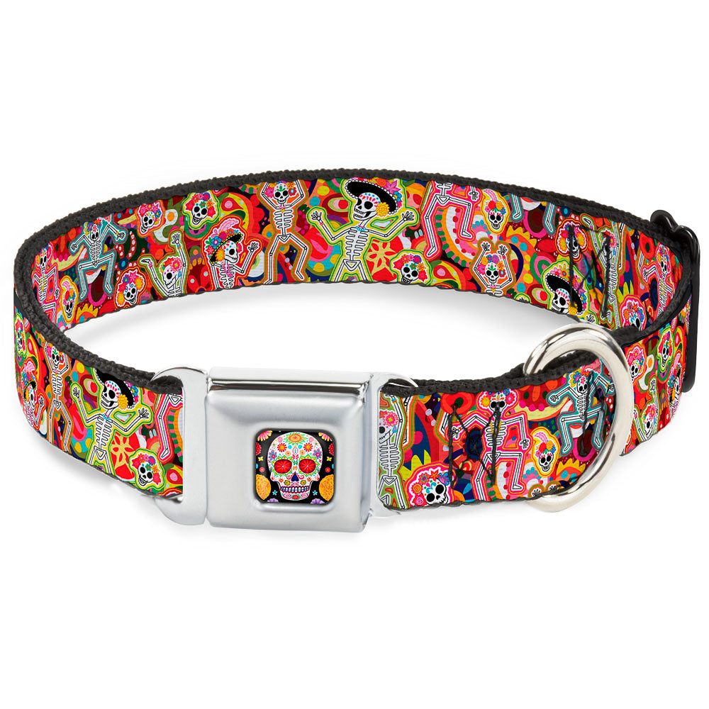 Sugar Skull Starburst Full Color Black/Multi Color Seatbelt Buckle Collar - Dancing Catrinas Collage Multi Color Seatbelt Buckle Collars Thaneeya McArdle