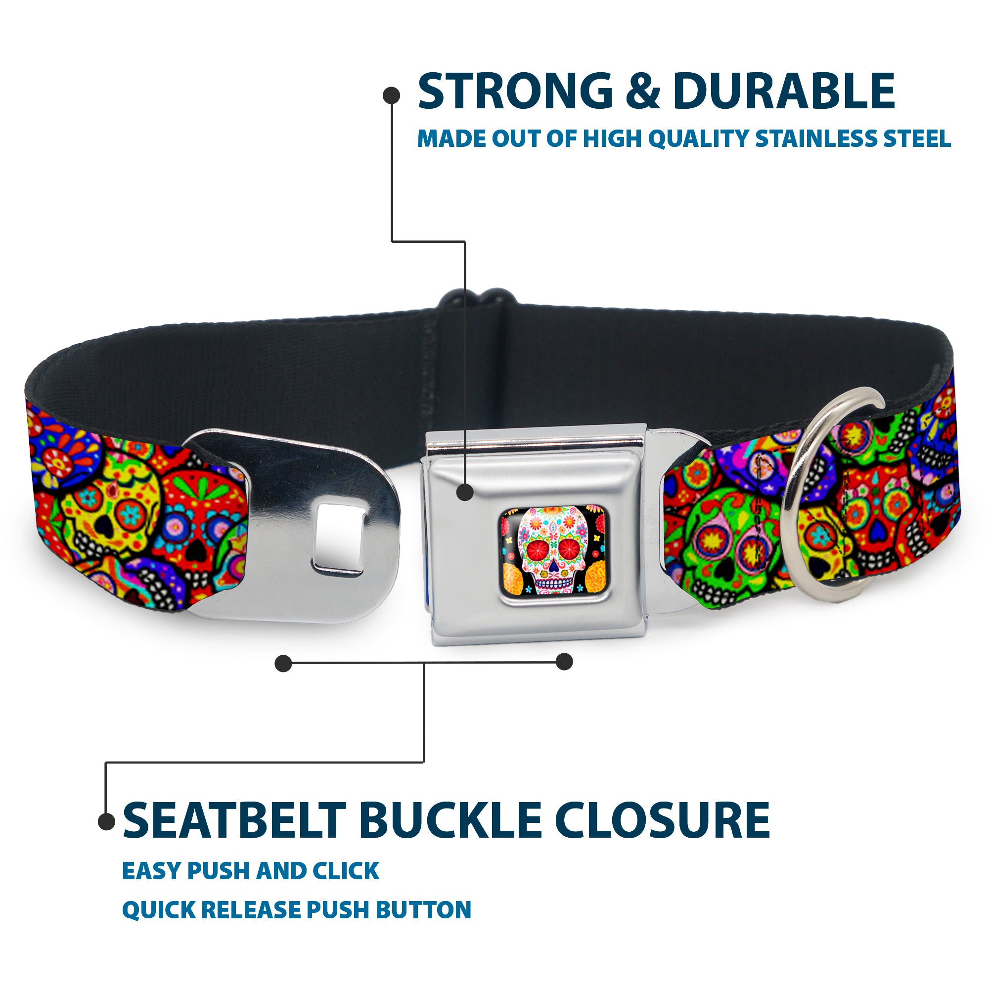 Sugar Skull Starburst Full Color Black/Multi Color Seatbelt Buckle Collar - Colorful Calaveras Stacked Multi Color Seatbelt Buckle Collars Thaneeya McArdle