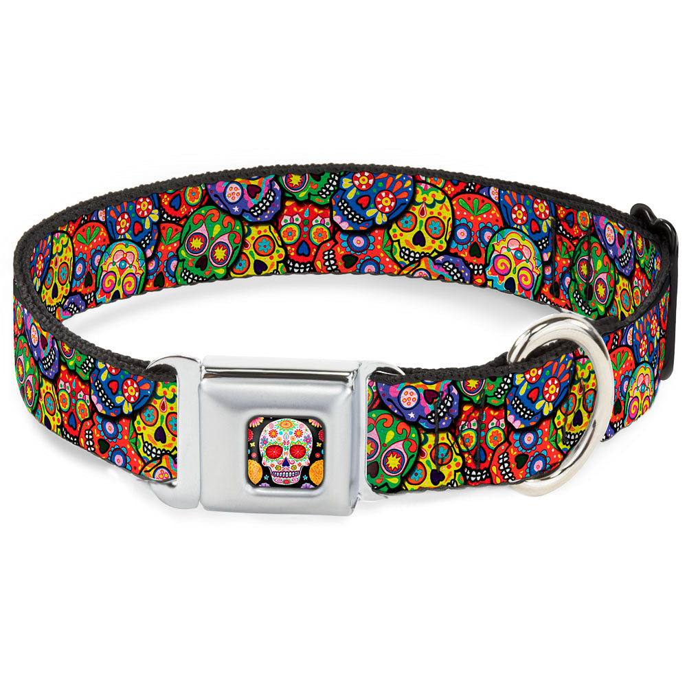 Sugar Skull Starburst Full Color Black/Multi Color Seatbelt Buckle Collar - Colorful Calaveras Stacked Multi Color Seatbelt Buckle Collars Thaneeya McArdle