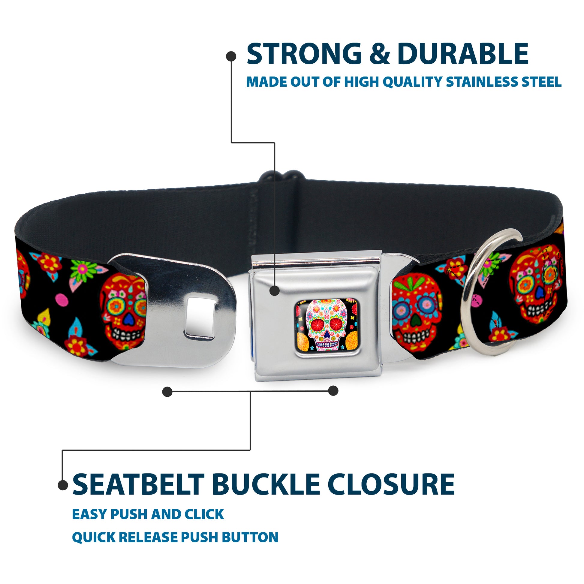 Sugar Skull Starburst Full Color Black/Multi Color Seatbelt Buckle Collar - Colorful Calaveras Black/Multi Color Seatbelt Buckle Collars Thaneeya McArdle