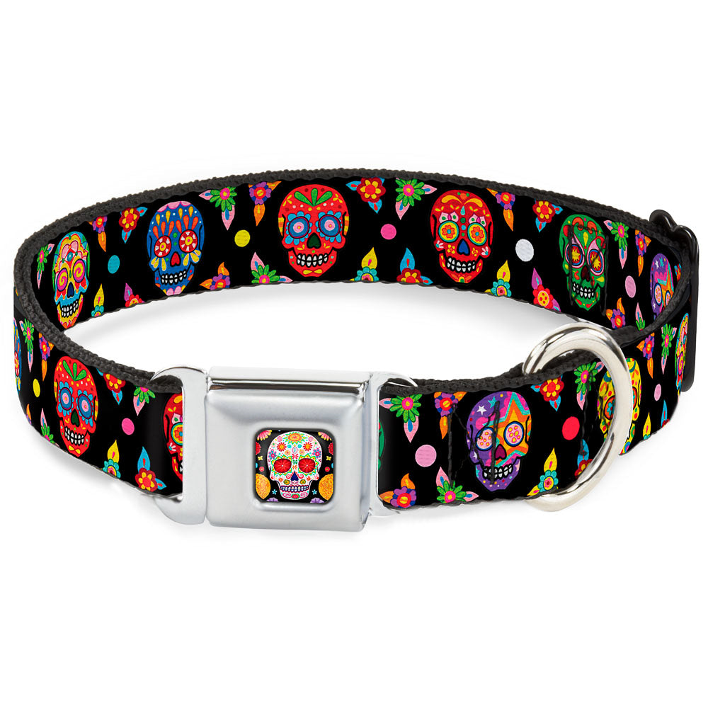 Sugar Skull Starburst Full Color Black/Multi Color Seatbelt Buckle Collar - Colorful Calaveras Black/Multi Color Seatbelt Buckle Collars Thaneeya McArdle
