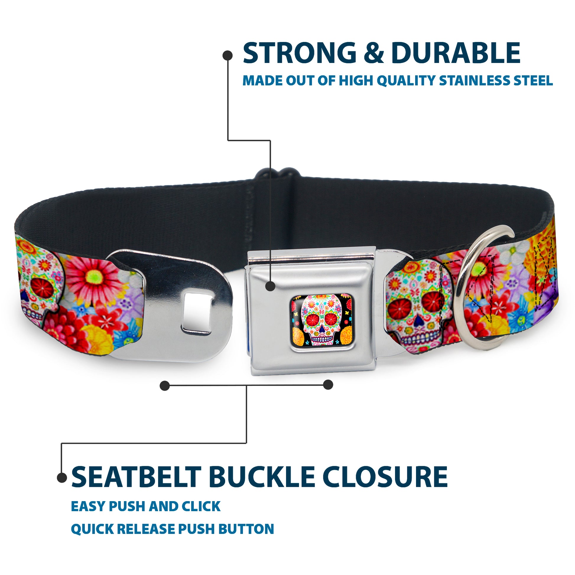 Sugar Skull Starburst Full Color Black/Multi Color Seatbelt Buckle Collar - Sugar Skull Starburst White/Multi Color Seatbelt Buckle Collars Thaneeya McArdle