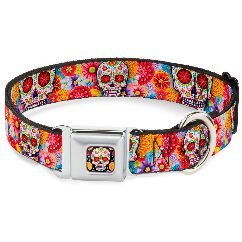 Sugar Skull Starburst Full Color Black/Multi Color Seatbelt Buckle Collar - Sugar Skull Starburst White/Multi Color Seatbelt Buckle Collars Thaneeya McArdle