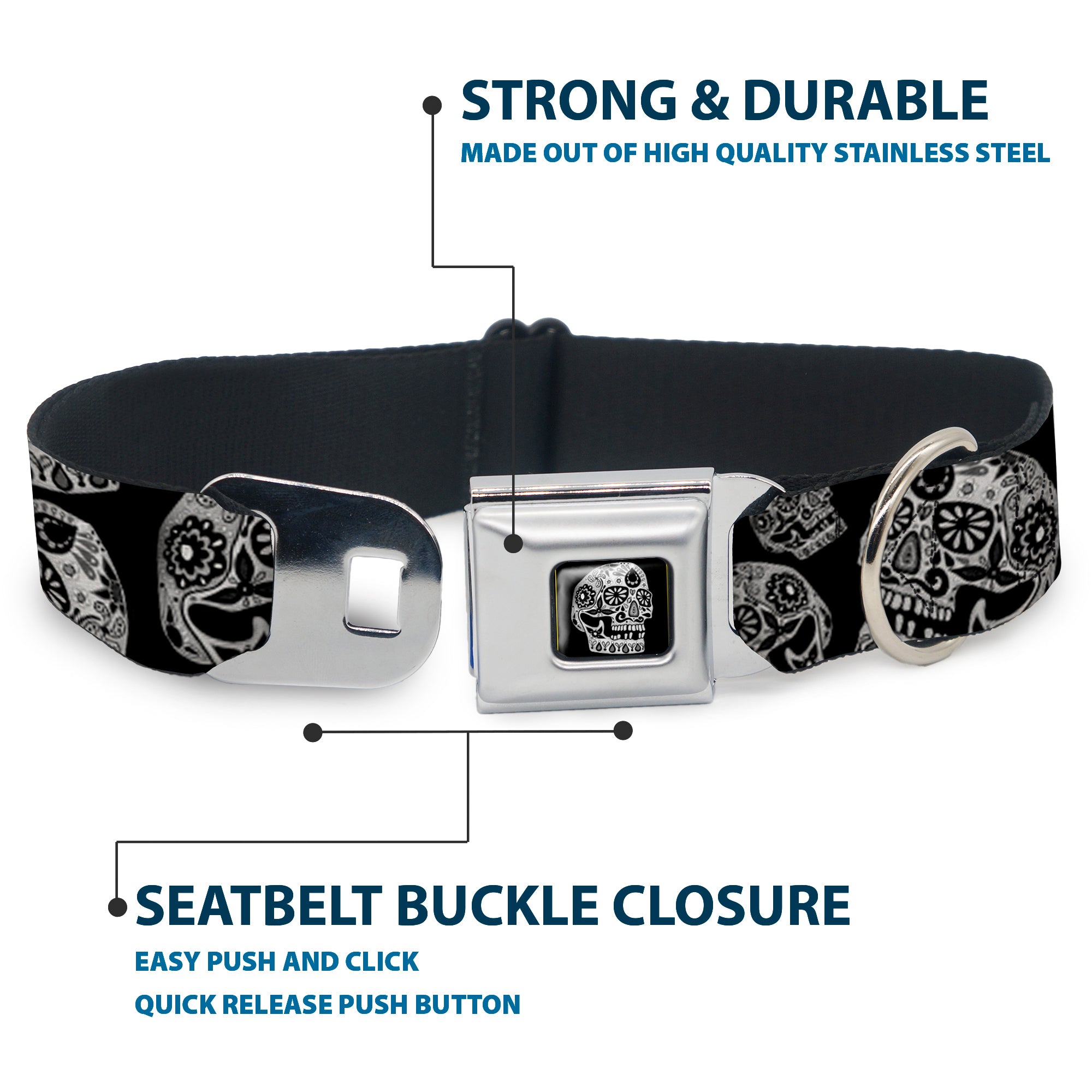The Dust of Living II Skull Full Color Black/White Seatbelt Buckle Collar - The Dust of Living II Sugar Skulls Black/White Seatbelt Buckle Collars Thaneeya McArdle
