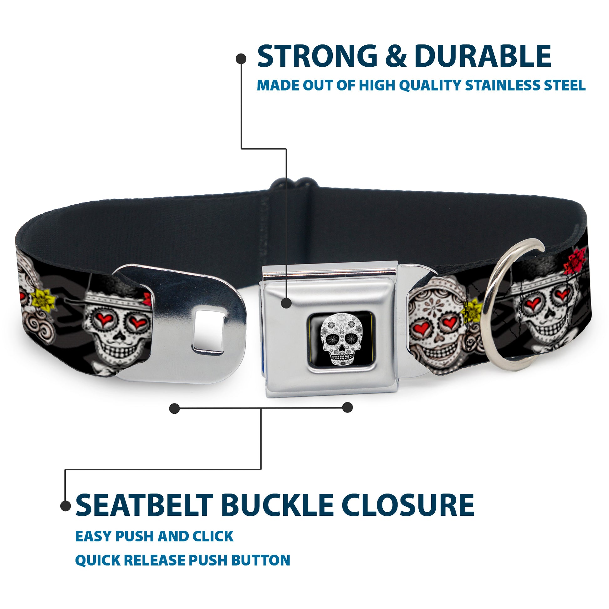 Sugar Skull Full Color Black/White/Gray Seatbelt Buckle Collar - Los Novios Black/Gray/White/Multi Color Seatbelt Buckle Collars Thaneeya McArdle