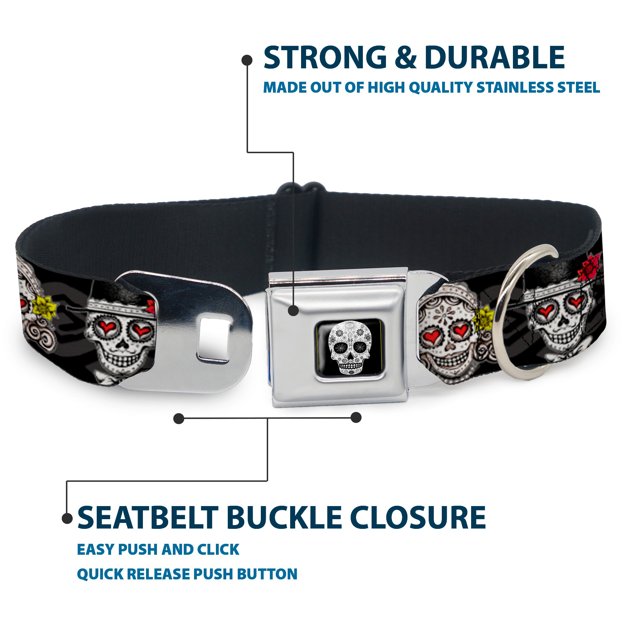 Sugar Skull Full Color Black/White/Gray Seatbelt Buckle Collar - Los Novios Black/Gray/White/Multi Color Seatbelt Buckle Collars Thaneeya McArdle