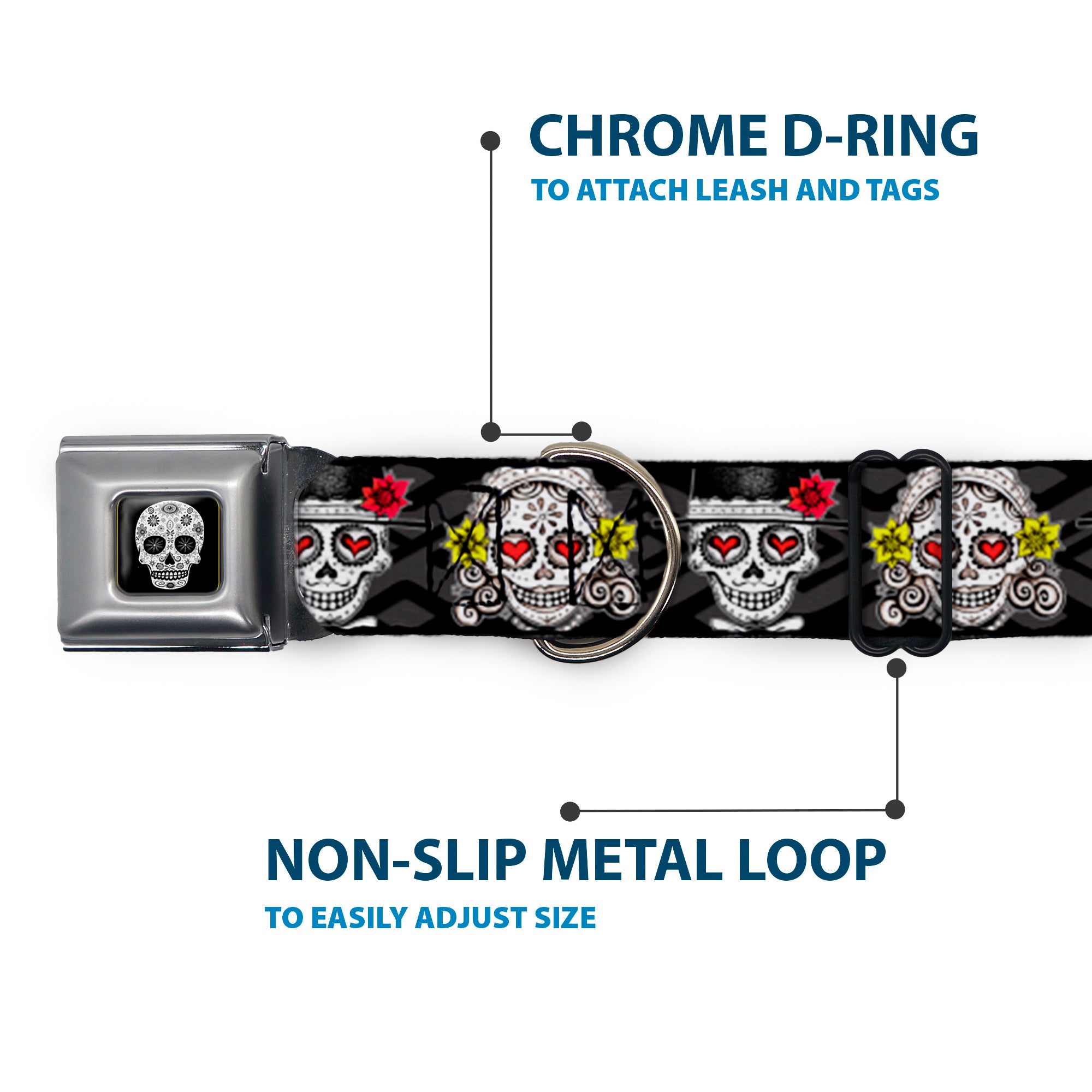 Sugar Skull Full Color Black/White/Gray Seatbelt Buckle Collar - Los Novios Black/Gray/White/Multi Color Seatbelt Buckle Collars Thaneeya McArdle