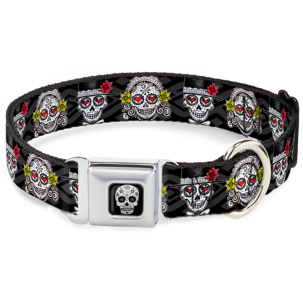 Sugar Skull Full Color Black/White/Gray Seatbelt Buckle Collar - Los Novios Black/Gray/White/Multi Color Seatbelt Buckle Collars Thaneeya McArdle