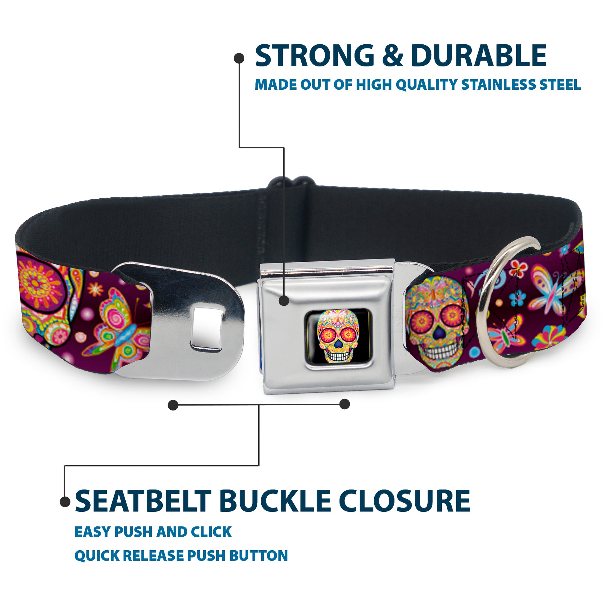 Mariposa Calavera Full Color Black/Multi Color Seatbelt Buckle Collar - Mariposa Calaveras/Butterflies/Flowers Burgundy/Multi Color Seatbelt Buckle Collars Thaneeya McArdle